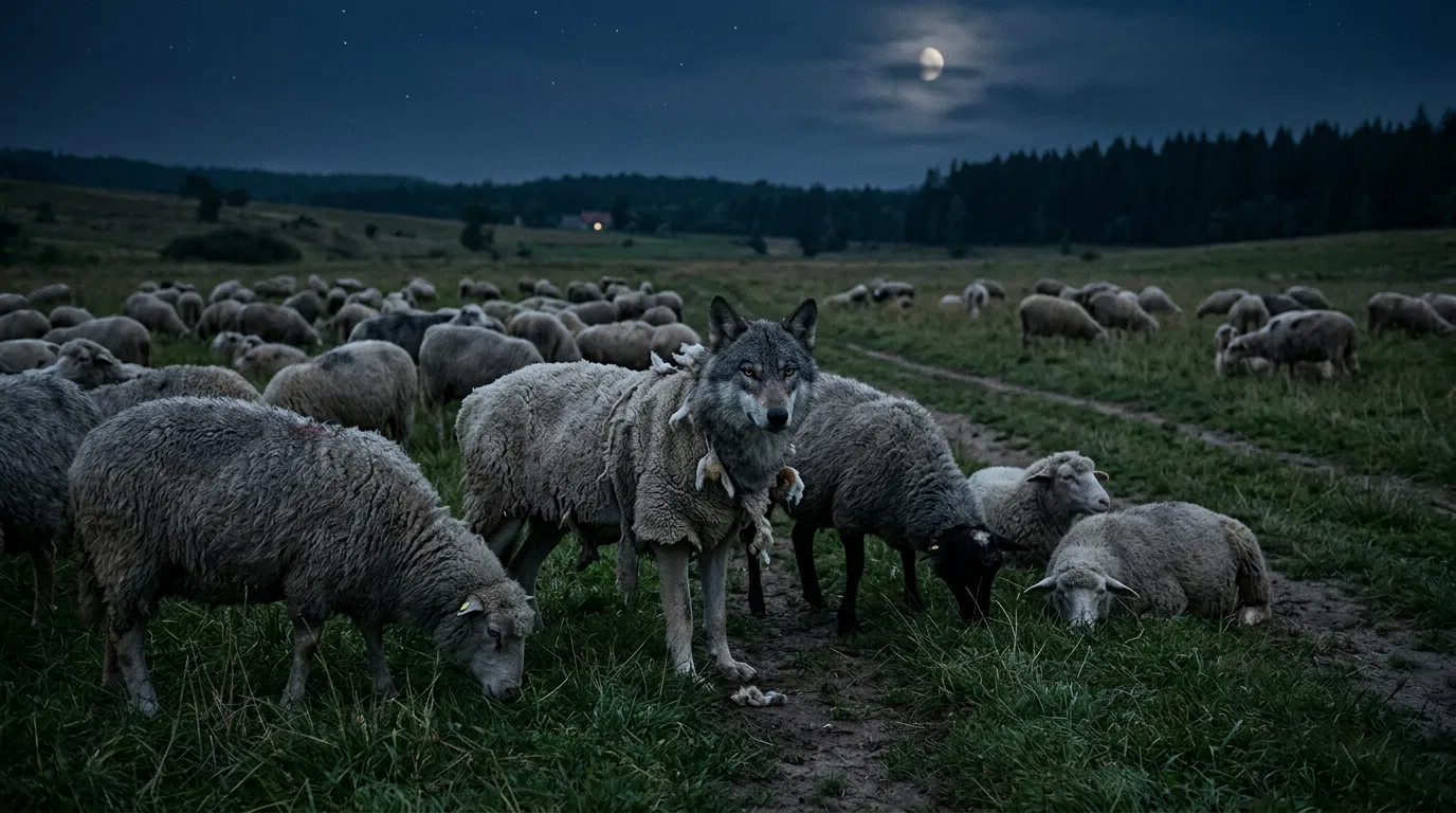 A Wolf in Sheep's Clothing Among Sheep at Night