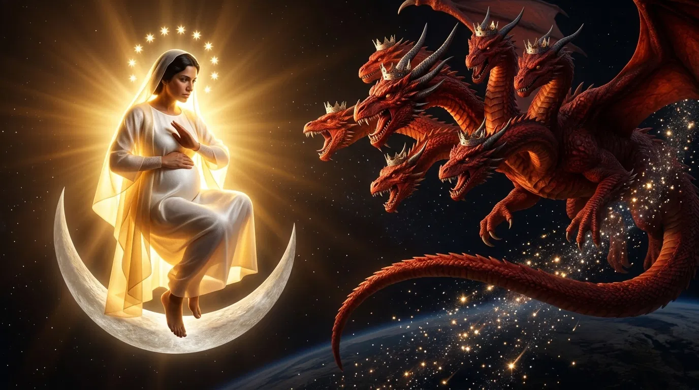 Woman on the Moon Faced by Seven-Headed Dragon