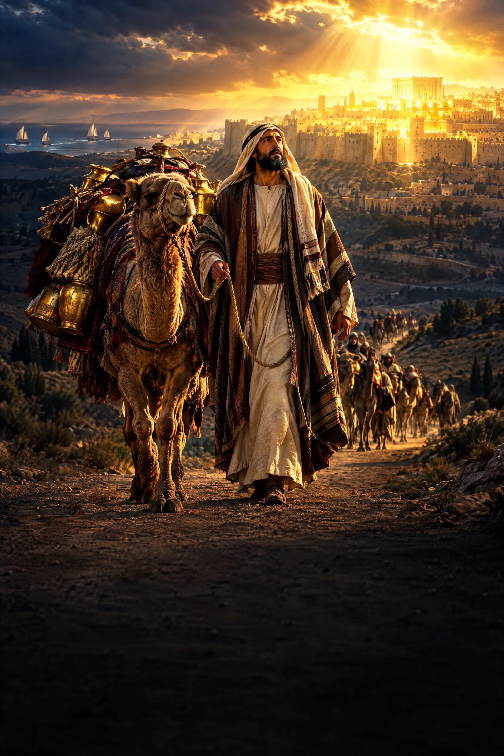 A Caravan Leader Walks Toward a Glowing Jerusalem