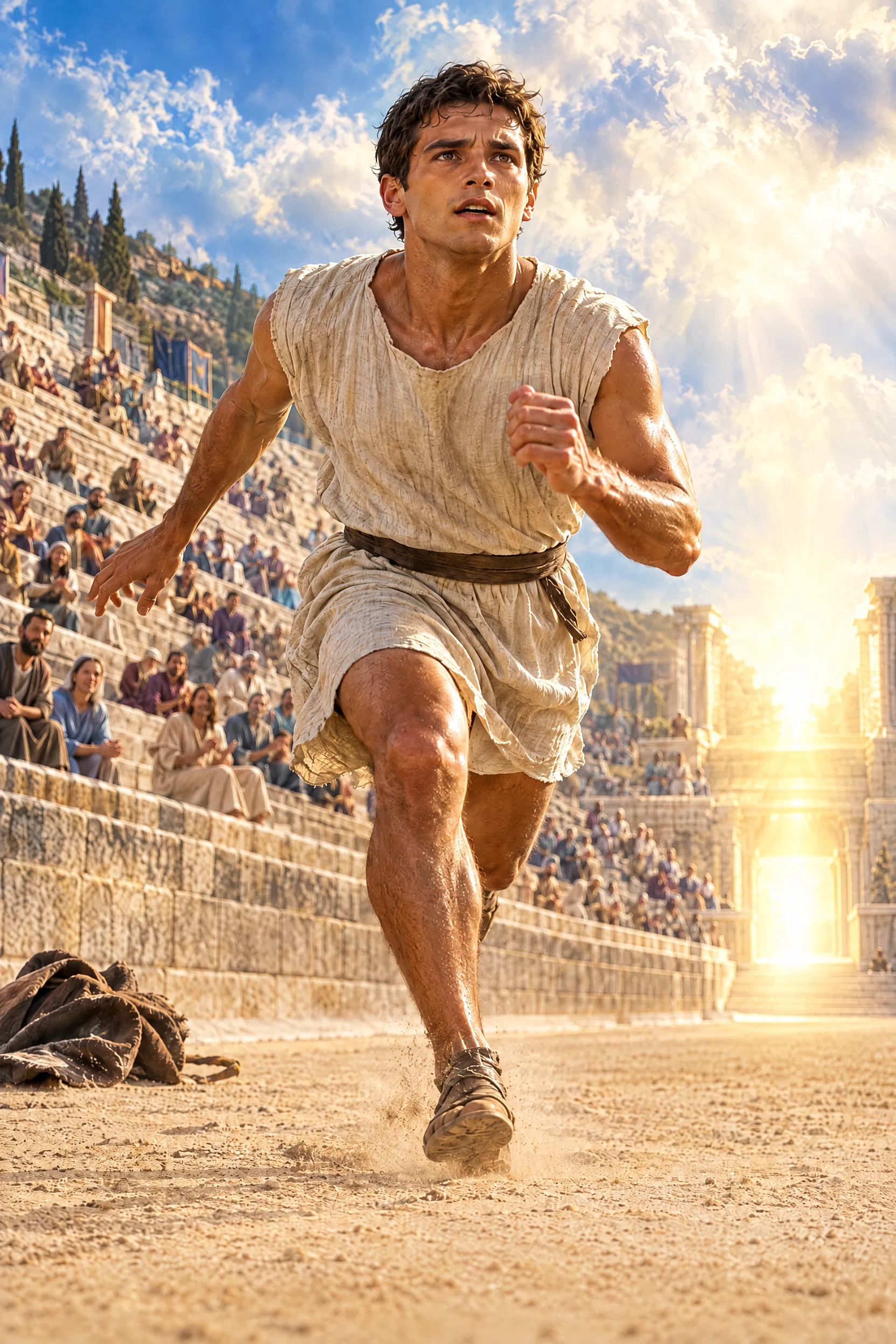 A Runner Races Toward the Light in a Stadium