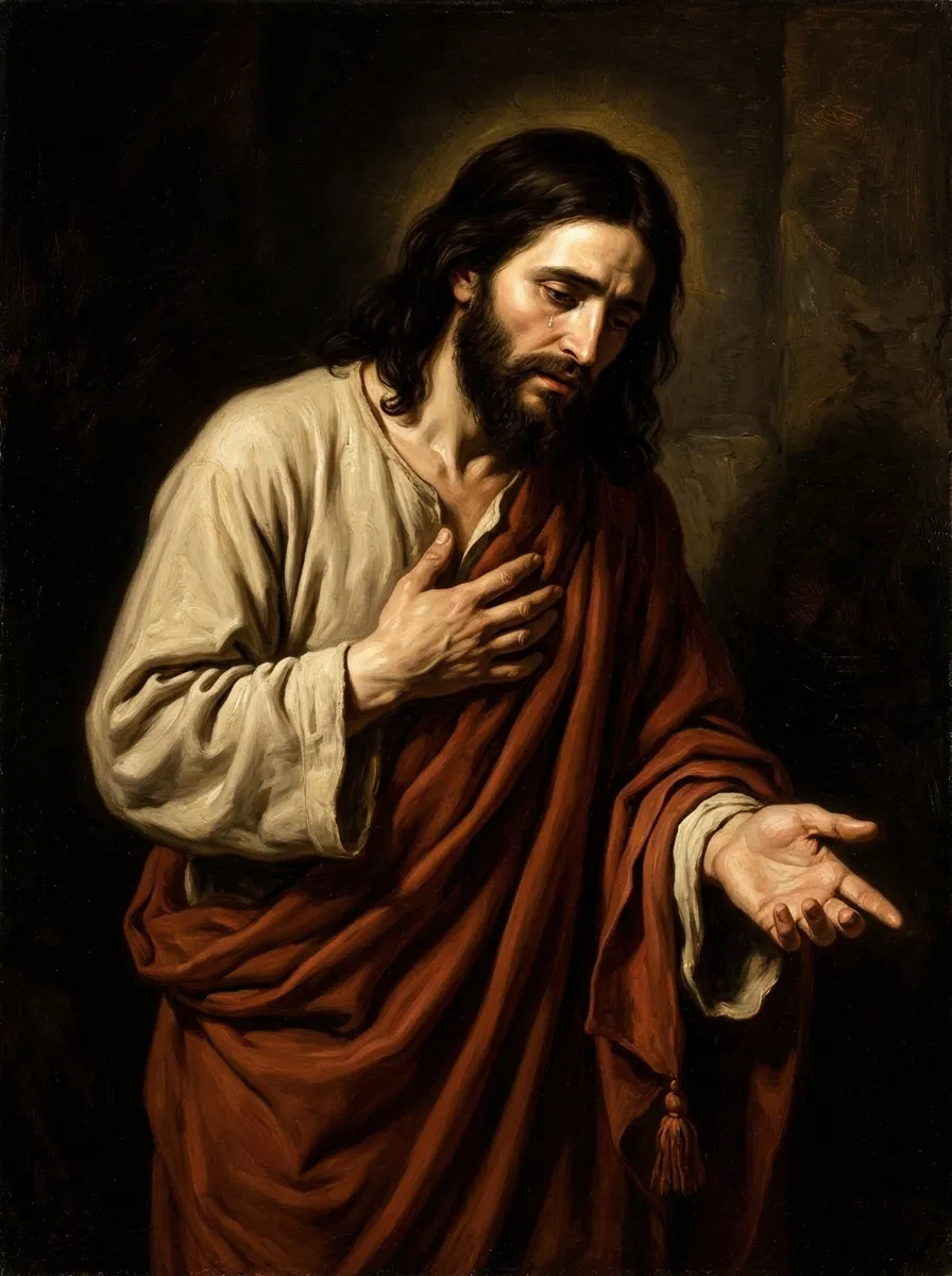 Jesus With Tears and Hand on Heart