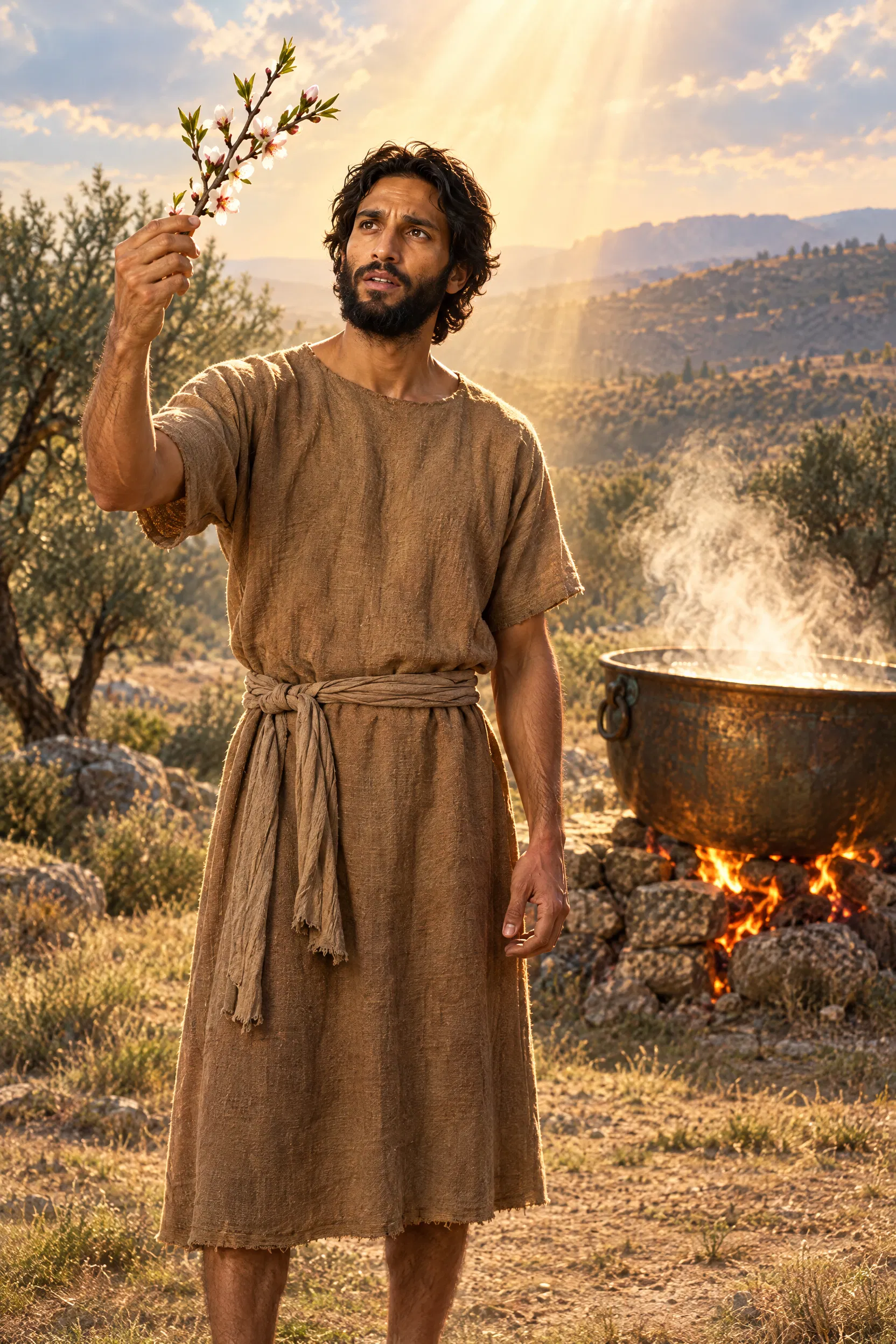 Jeremiah Holds an Almond Branch Beside a Boiling Pot