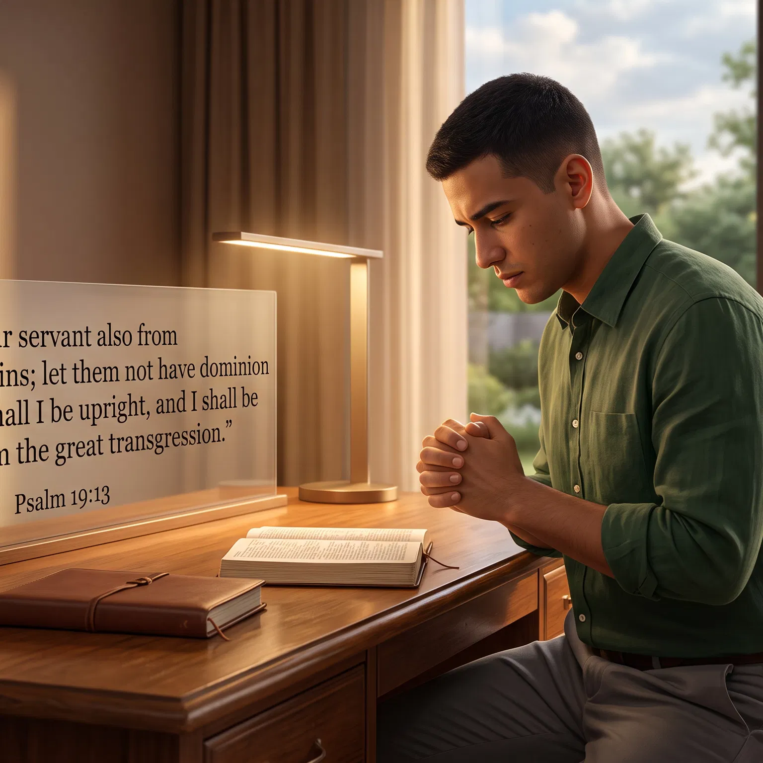 Man Praying Beside a Psalm Sign