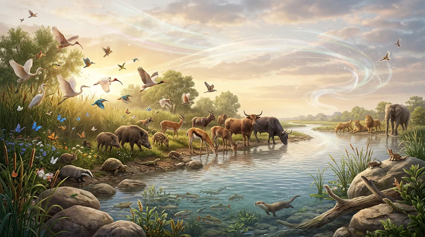 Animals Gather at a River at Sunrise