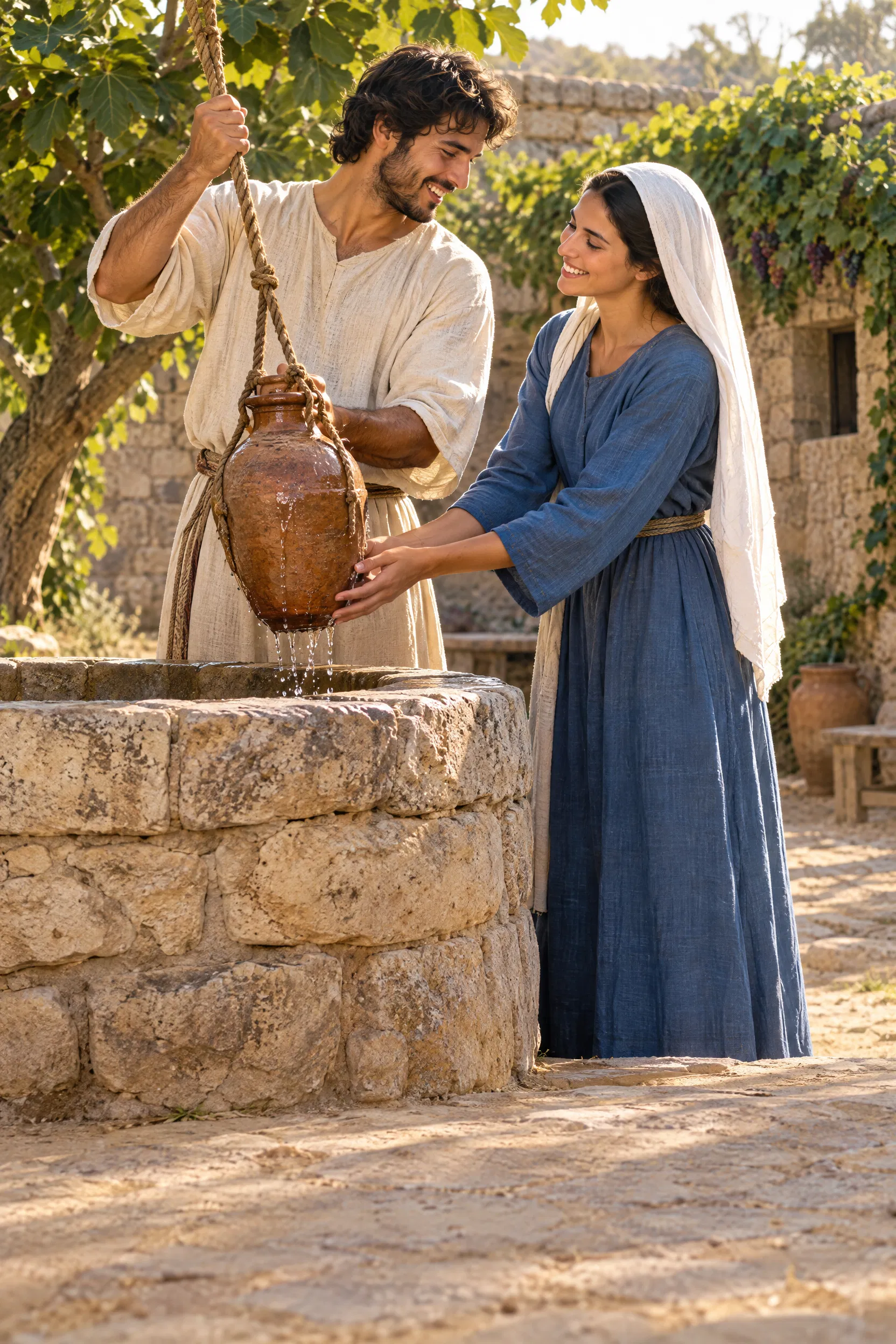 Husband and Wife Draw Water From Their Well