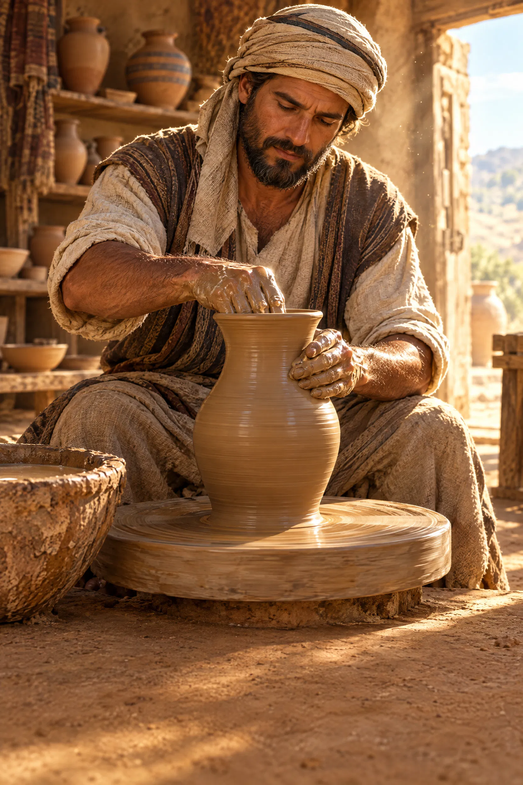 A Potter Shapes a Jar on His Wheel