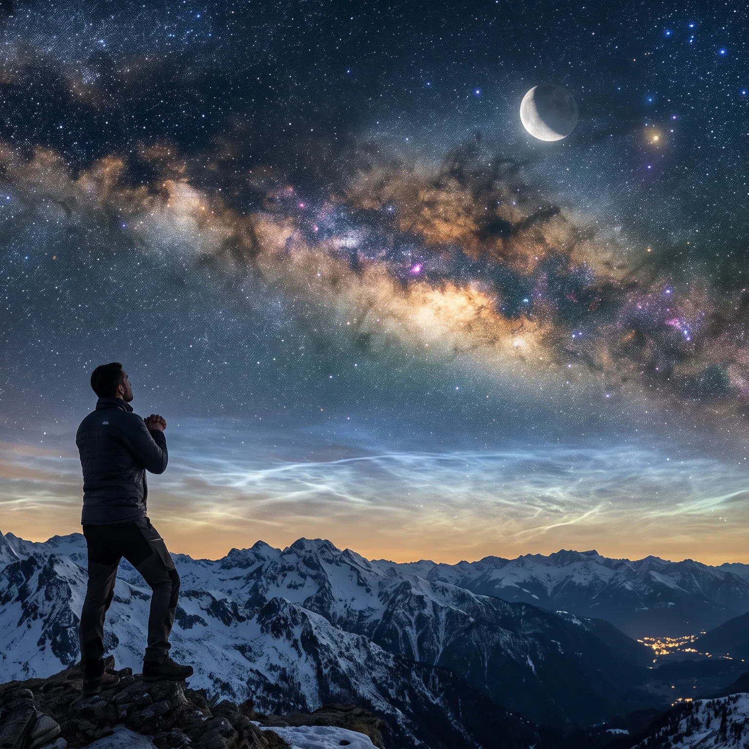 A Man Prays Under the Milky Way on a Mountain