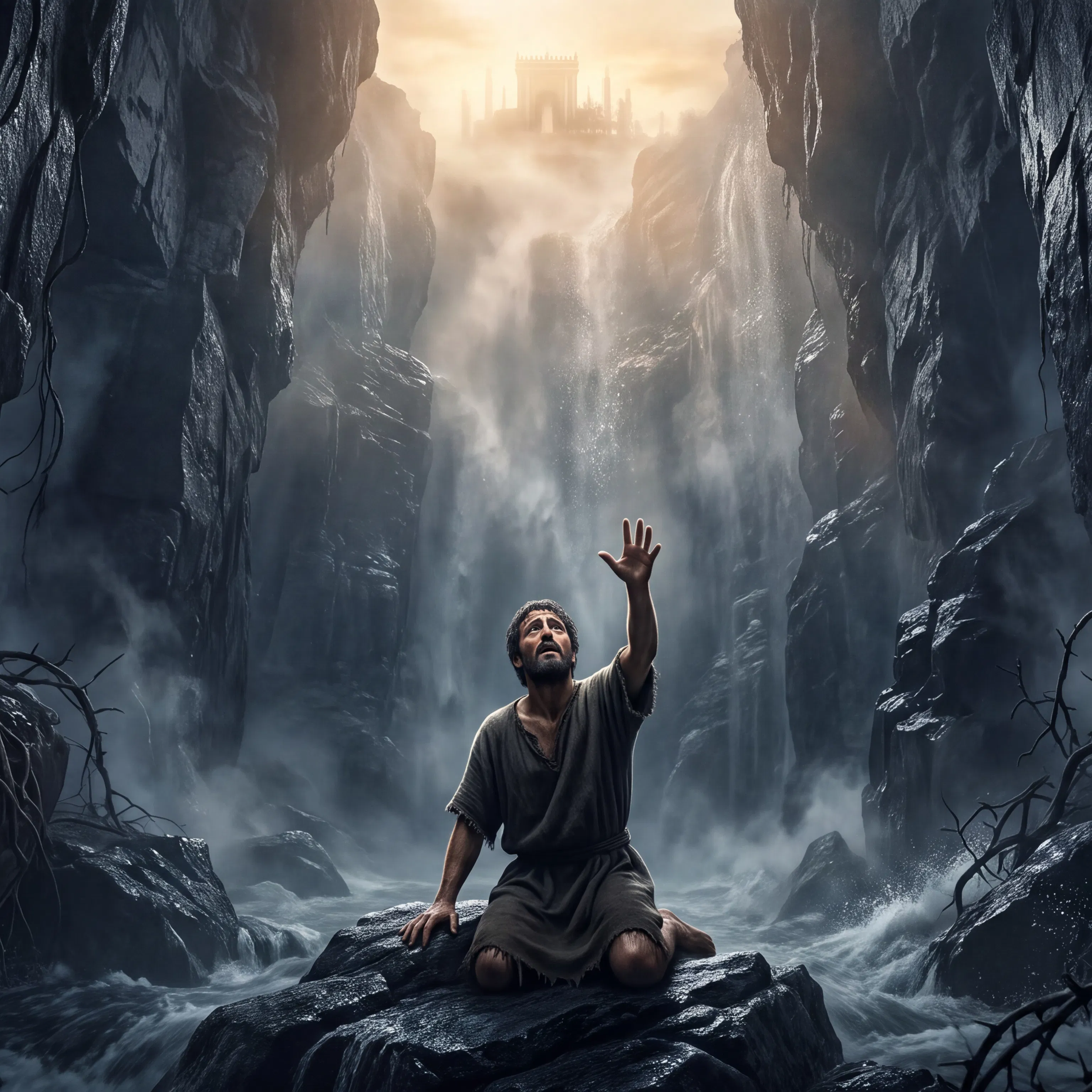 Kneeling Man Reaches Toward Distant City From Deep Gorge