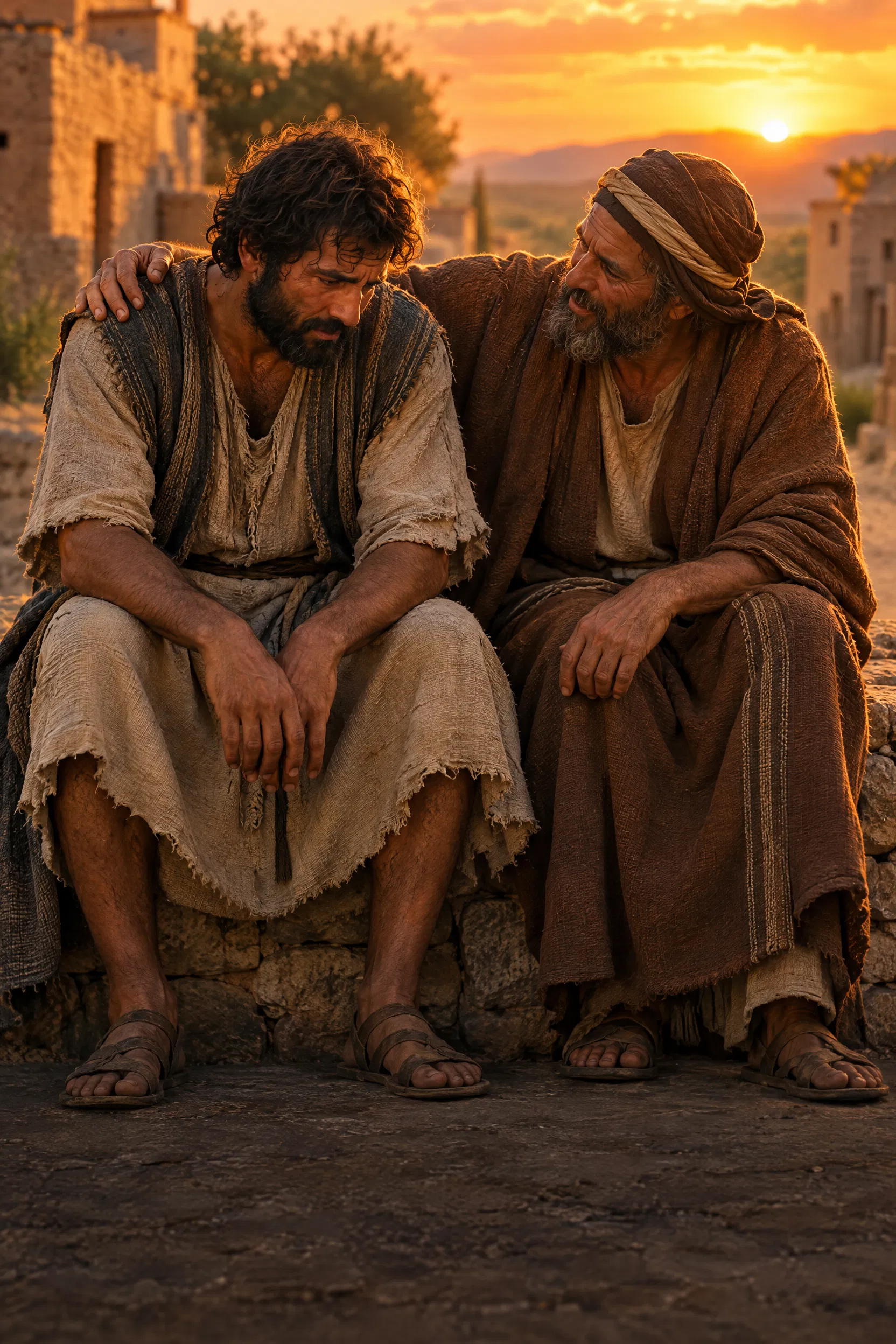 Friend Comforts a Weary Labourer at Sunset