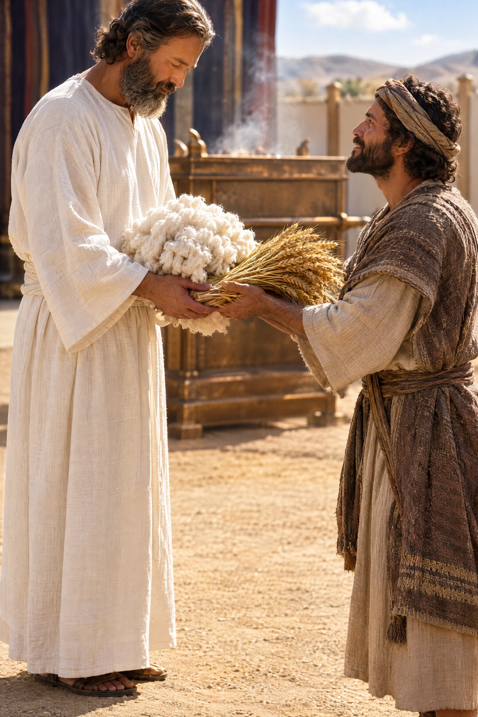 A Levite Priest Receives Firstfruits of Fleece and Grain