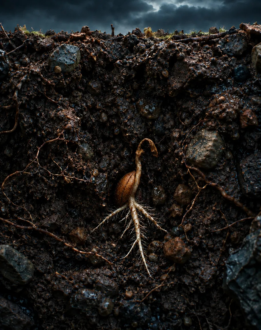 Stunted Seedling Growing From a Seed in Soil