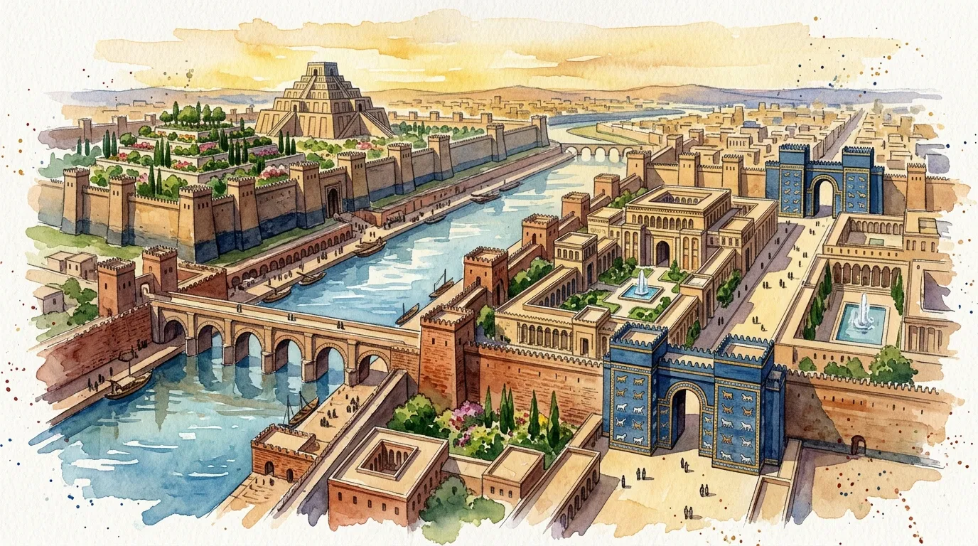 Ancient Babylon with Its River, Walls and Gates