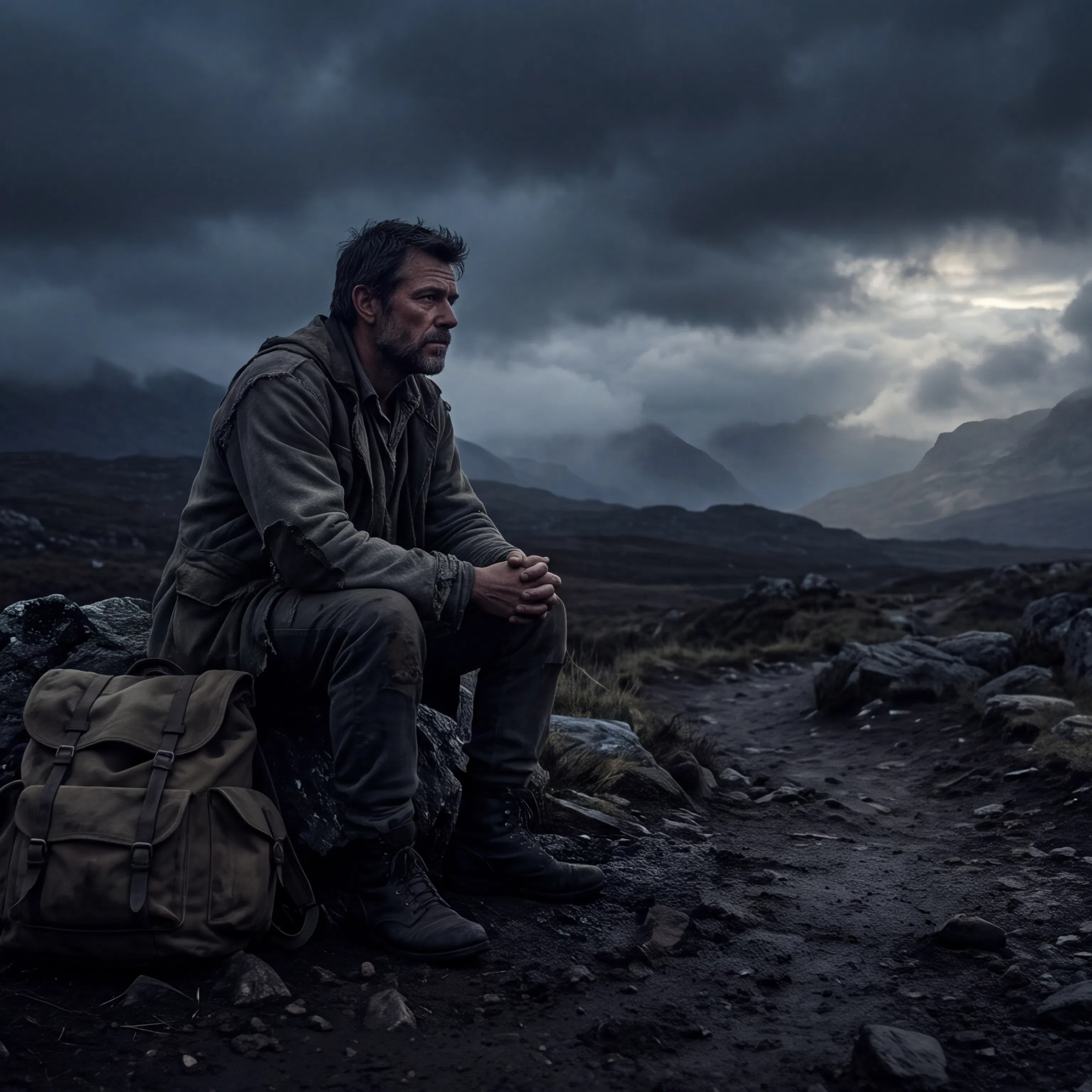 Weary Traveler Resting on Rocks Beneath Stormy Sky