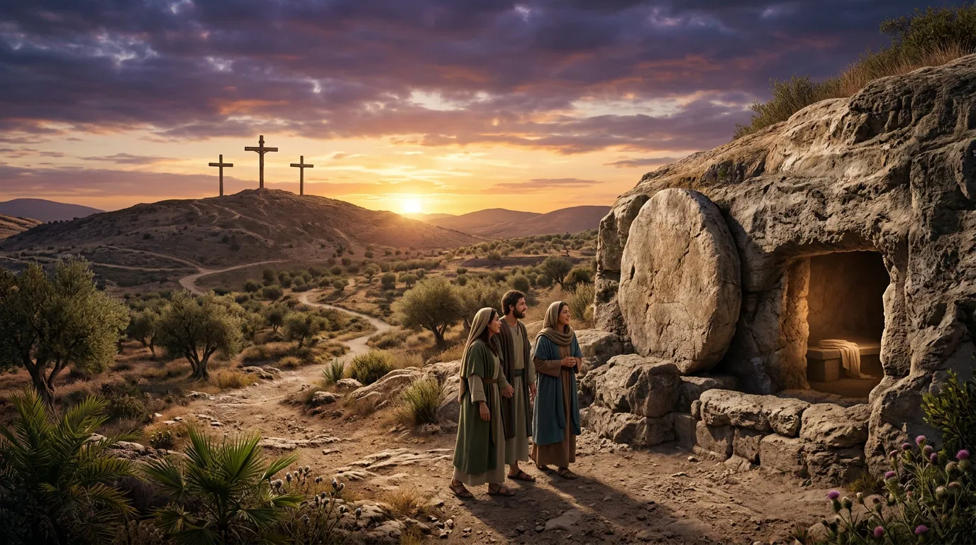 Women at the Empty Tomb Below Three Crosses