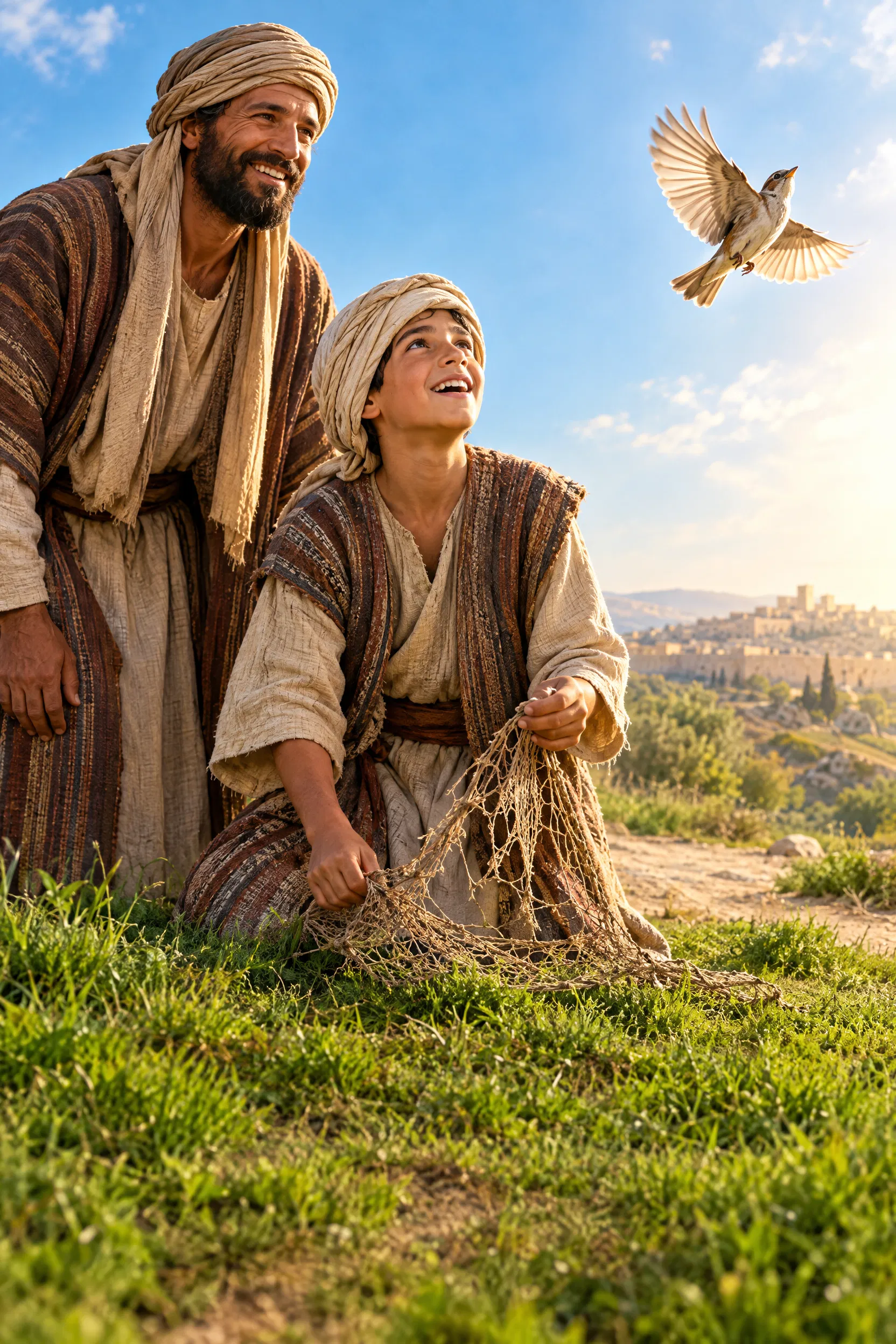 Boy Frees a Bird From a Broken Snare