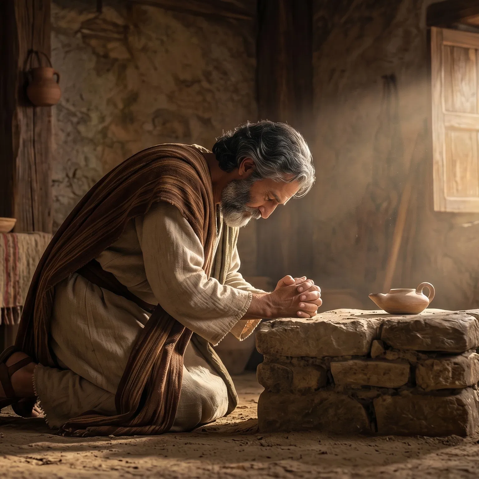 Manoah Kneeling in Prayer at a Stone Altar