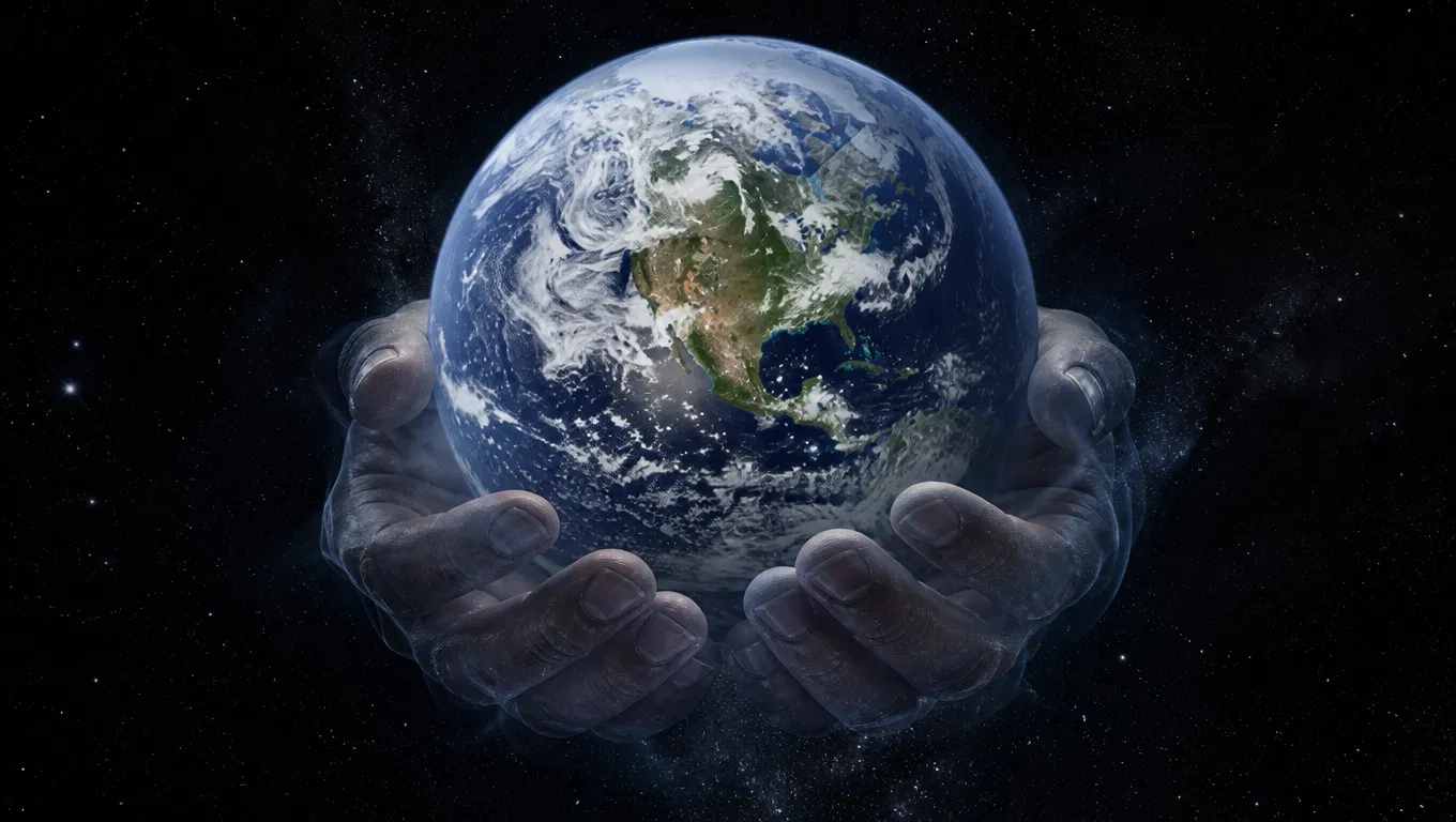 Earth Held in Open Hands in Space