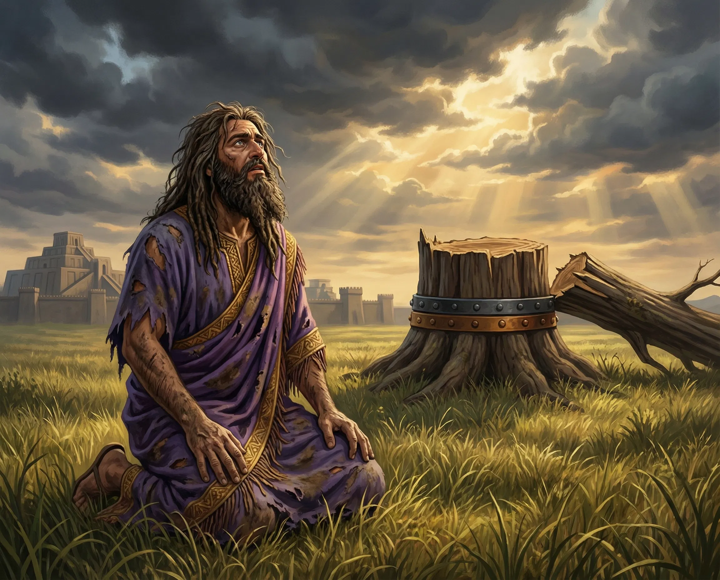 Humbled Nebuchadnezzar Looks Up Beside the Stump