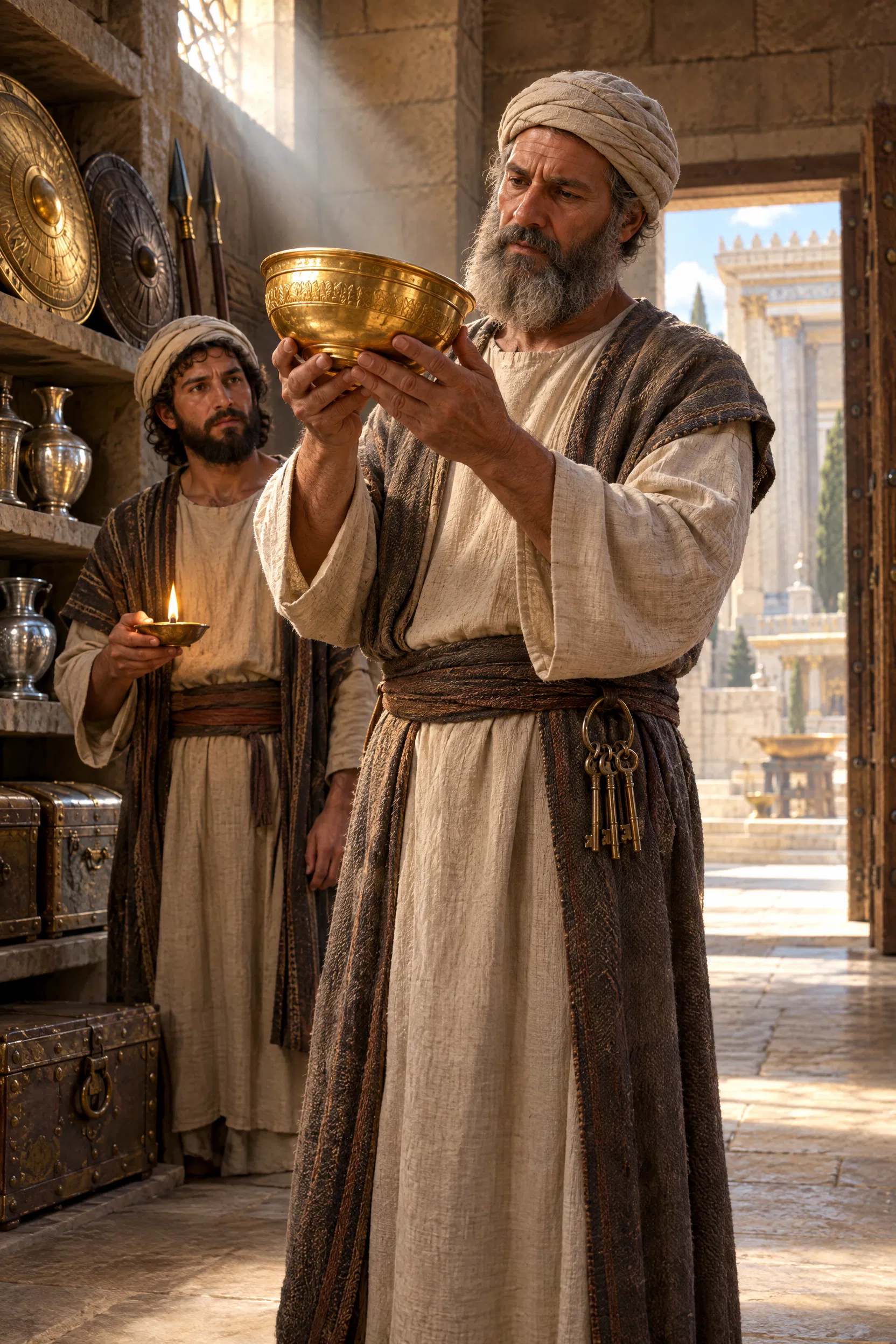 A Levite Examines a Golden Bowl in the Treasury