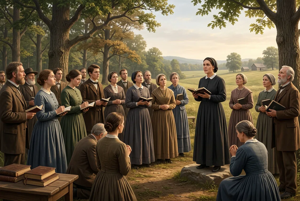 Early Adventist Believers Gathered Outdoors With Bibles