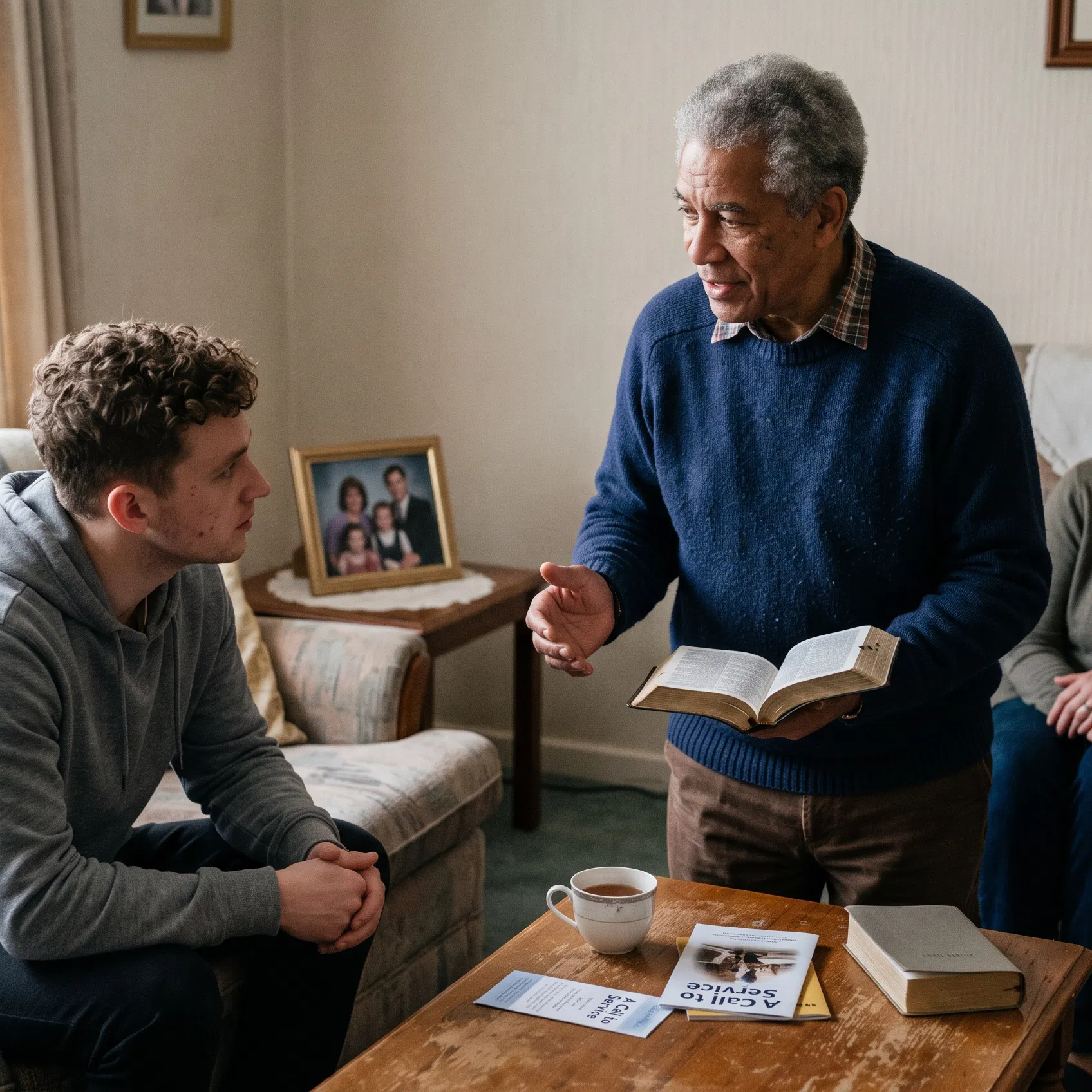Man Sharing the Bible in a Living Room