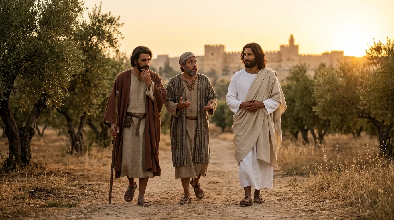 Jesus Walks with Two Men on the Emmaus Road