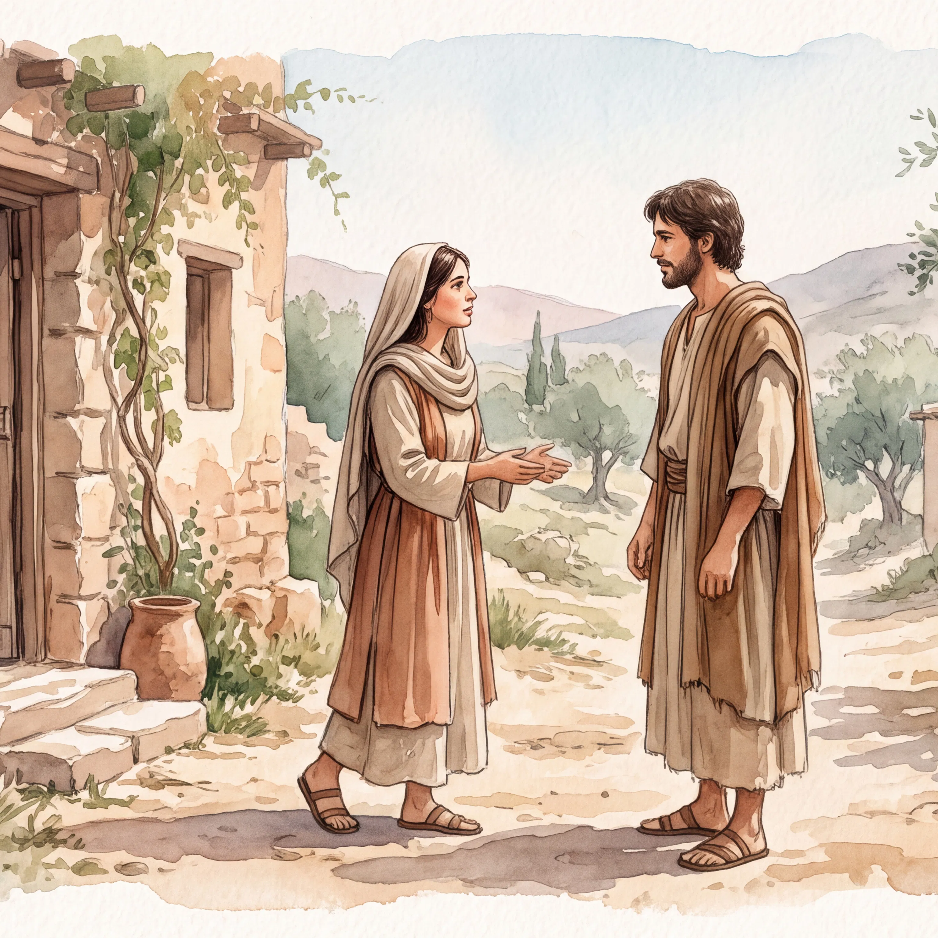 Woman Speaks With Man Outside Village Stone House