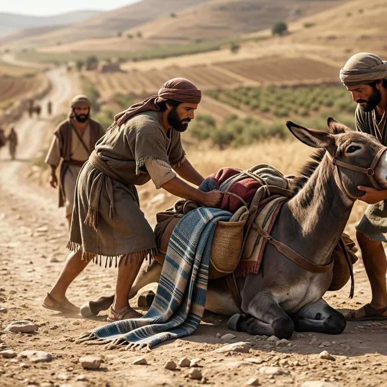 Two Men Help a Fallen Donkey on the Road