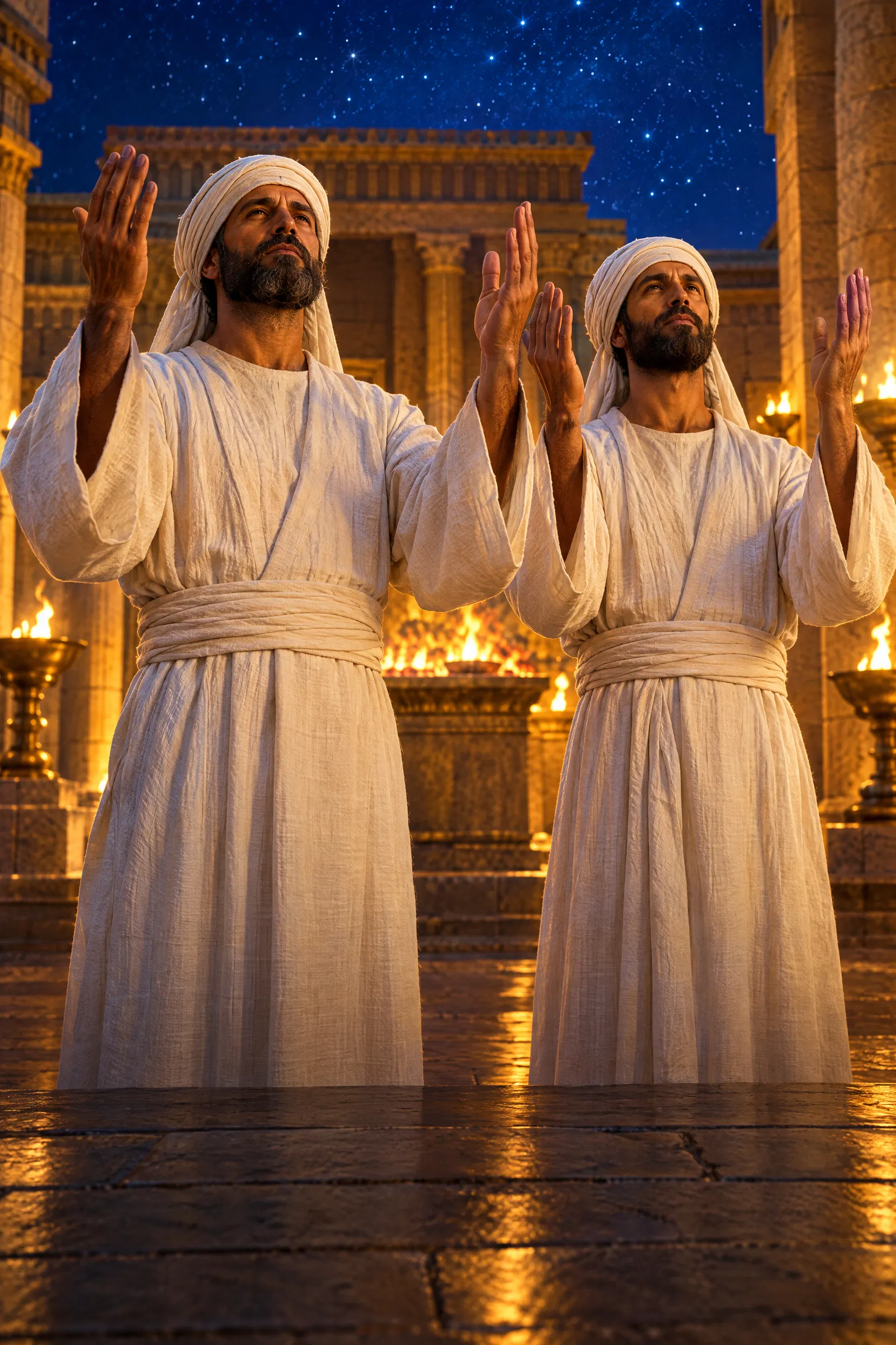 Two Levites Lift Their Hands in the Temple at Night