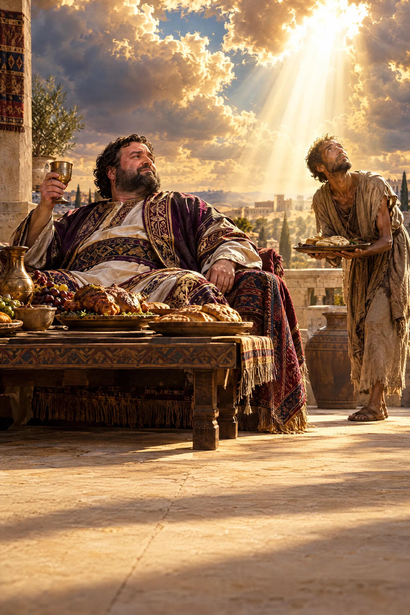 Proud Rich Man Feasts While a Servant Looks Up
