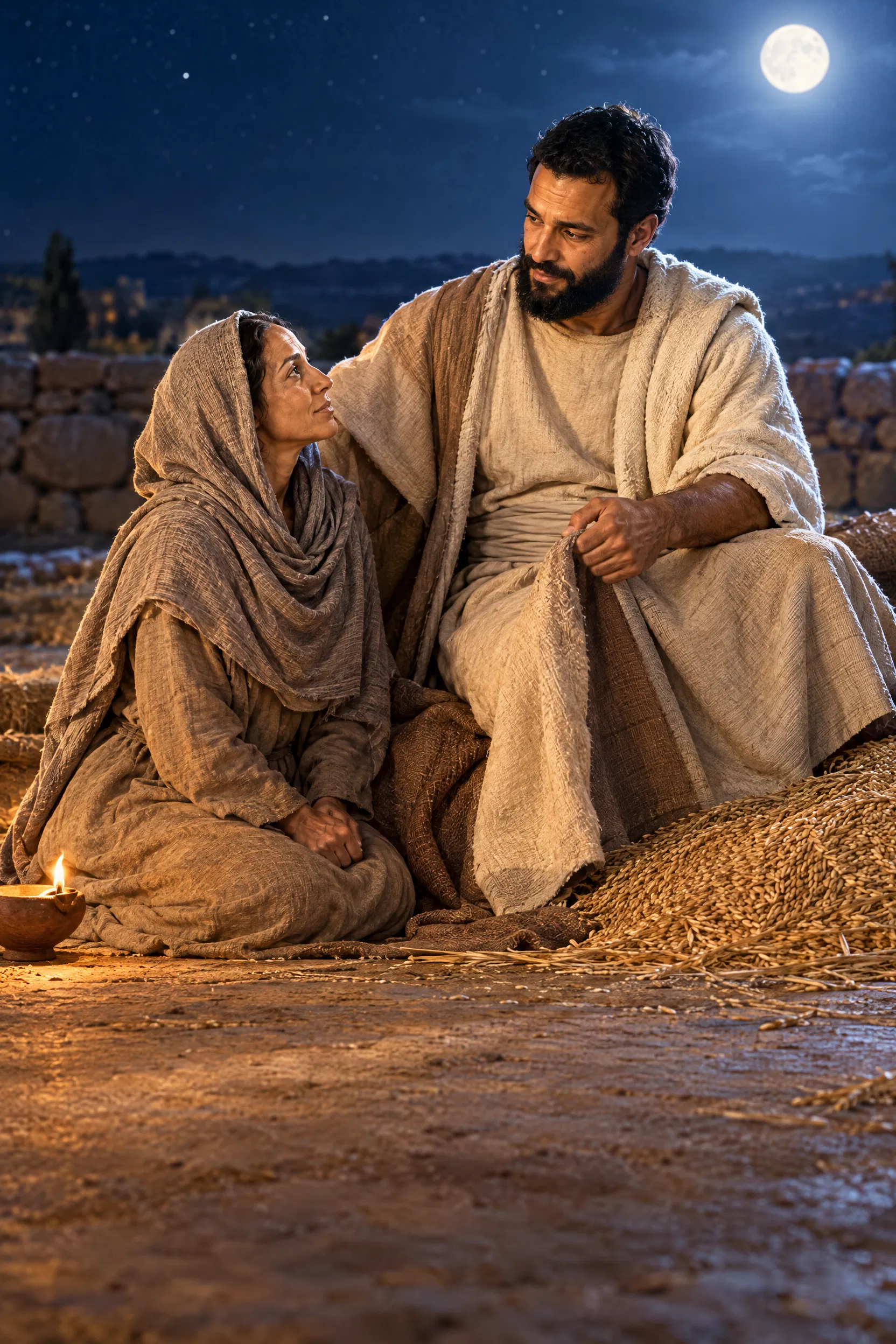 Ruth and Boaz on the Threshing Floor at Night