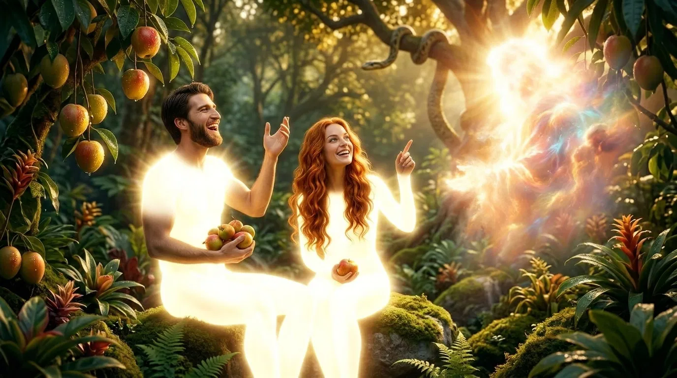 Adam and Eve Rejoice Near a Radiant Presence