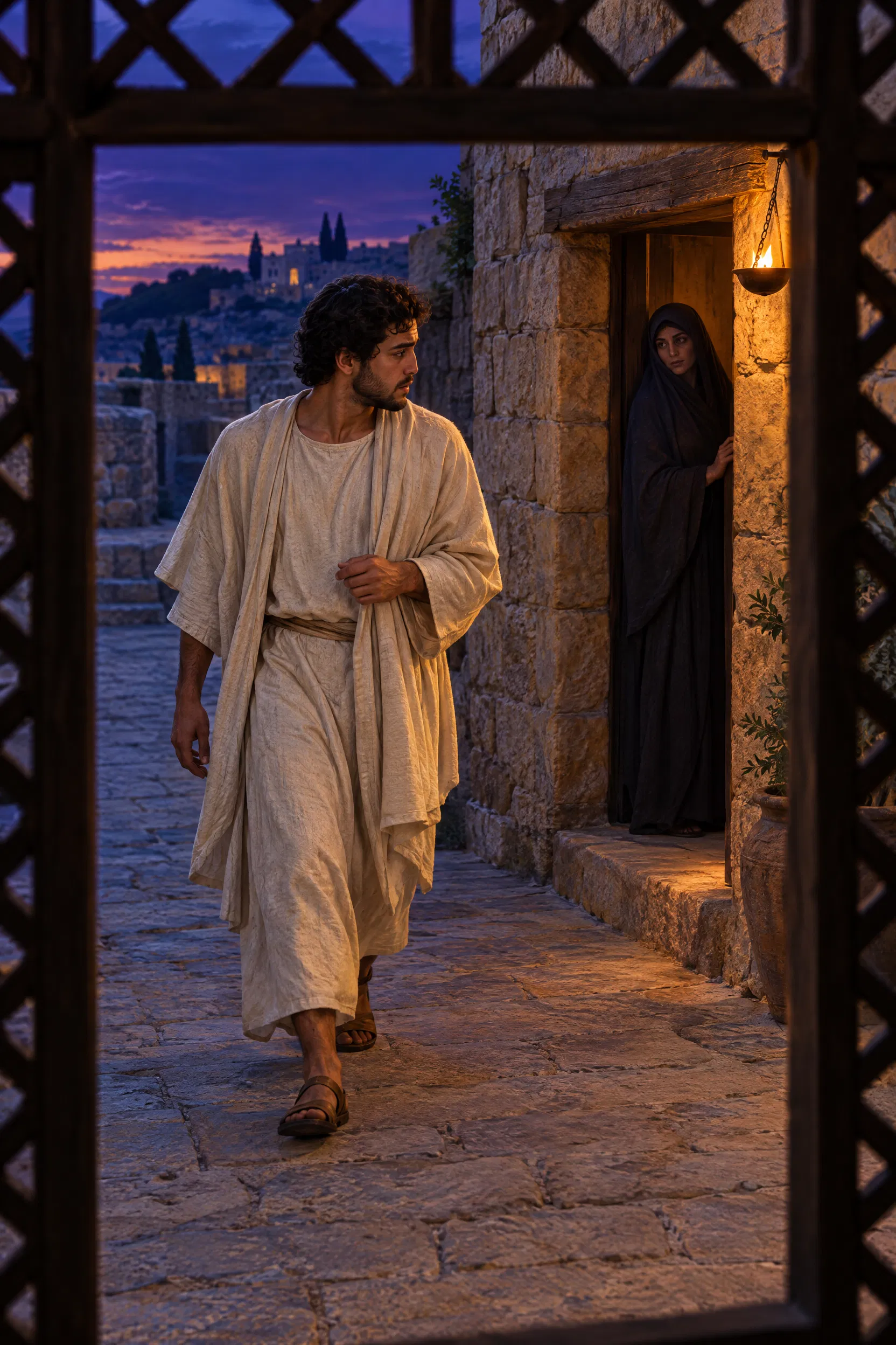 Young Man Passes the Woman's Doorway at Dusk
