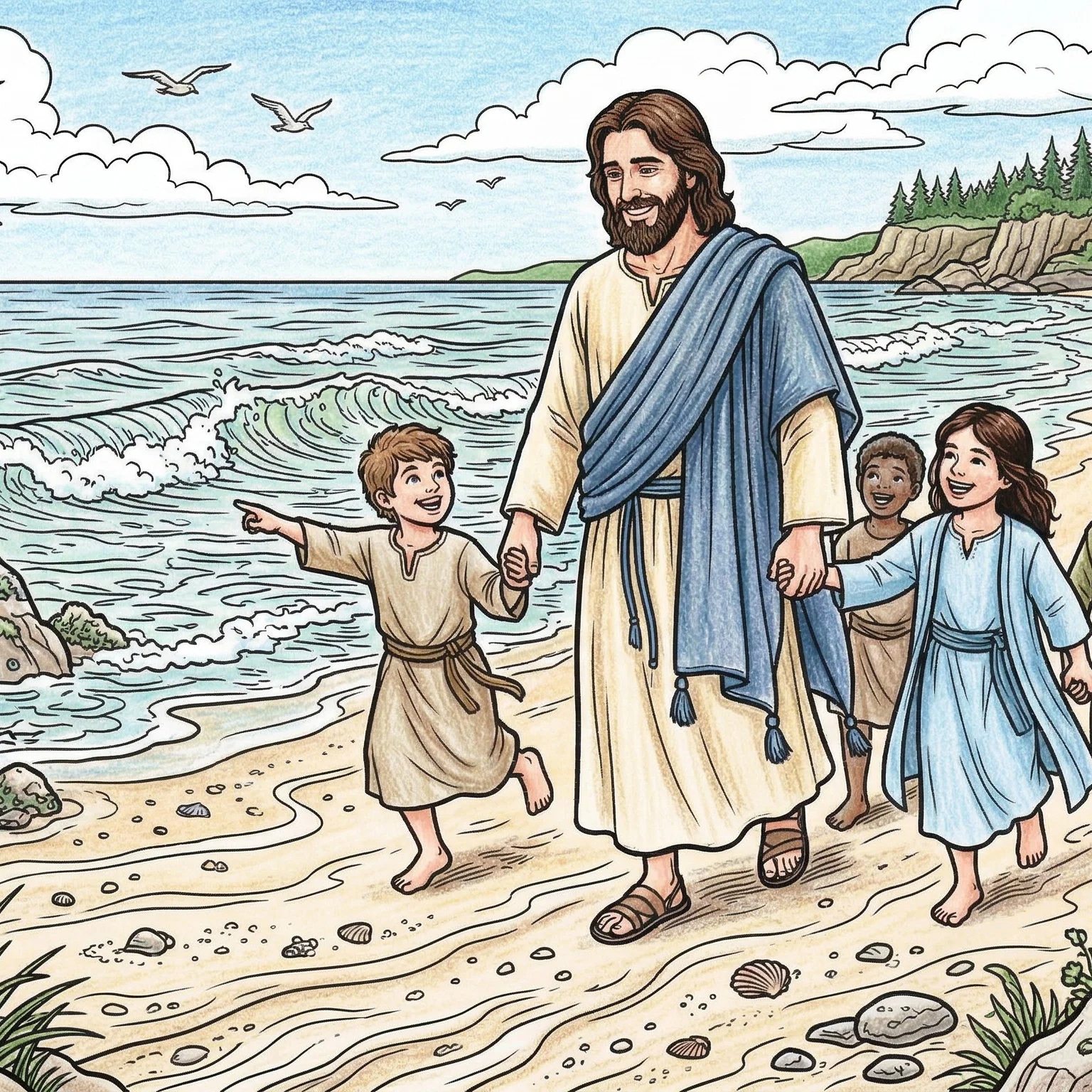 Colored In Jesus on the Beach with Children