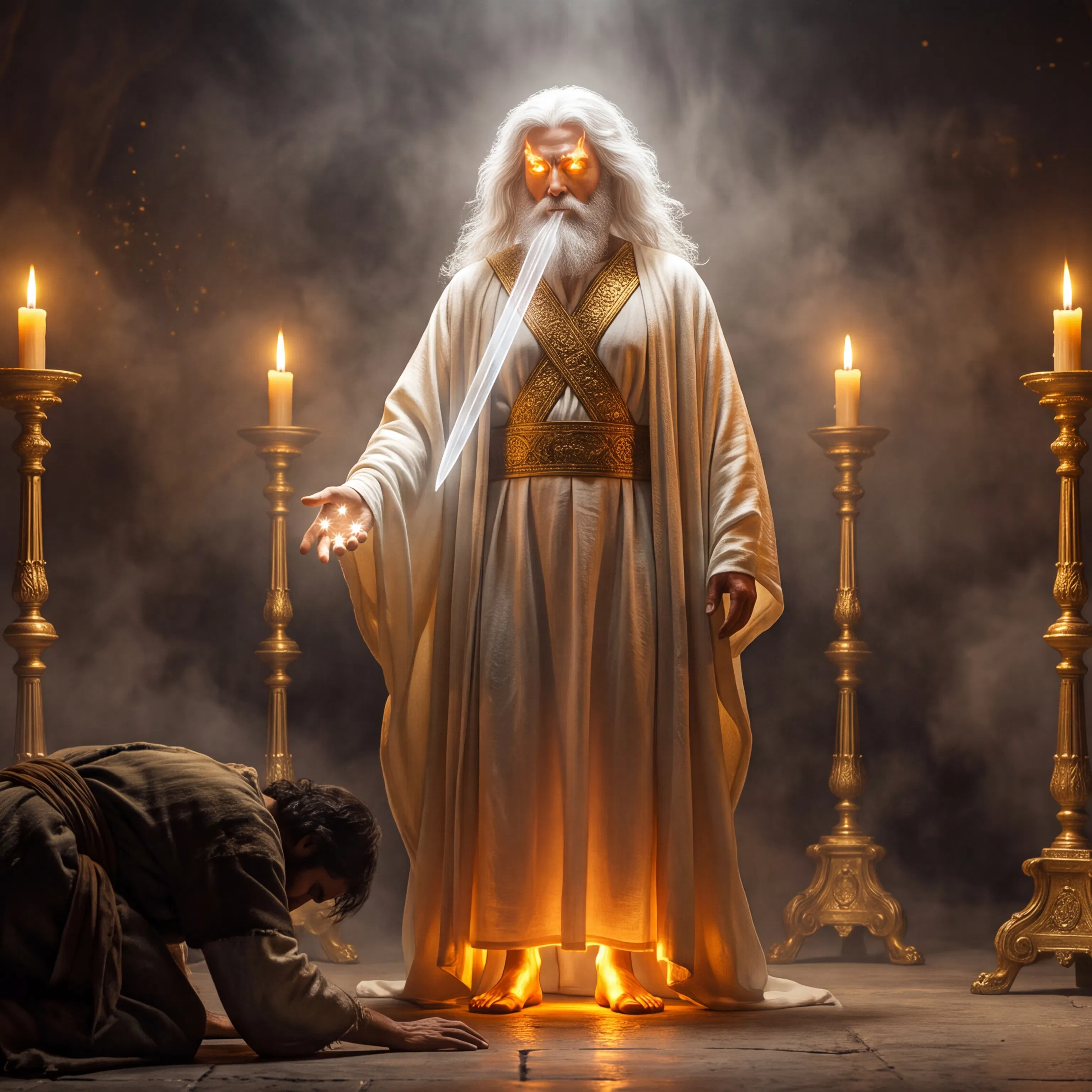 John Kneels Before the Glorified Christ Among Golden Lampstands