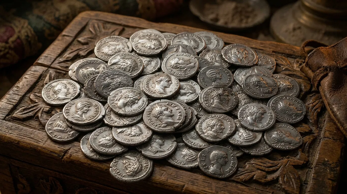 Pile of Roman Silver Denarii on a Chest