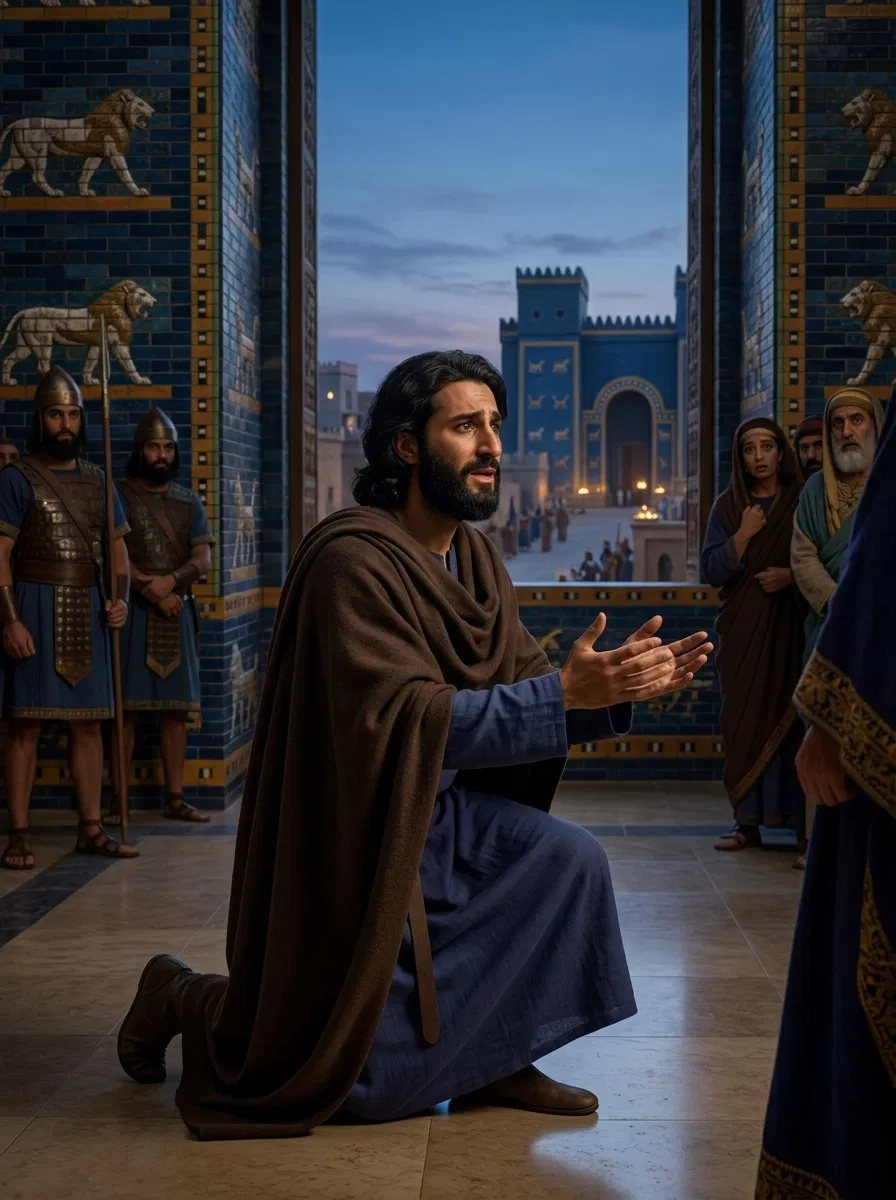 Daniel Kneels Before the King in Babylon