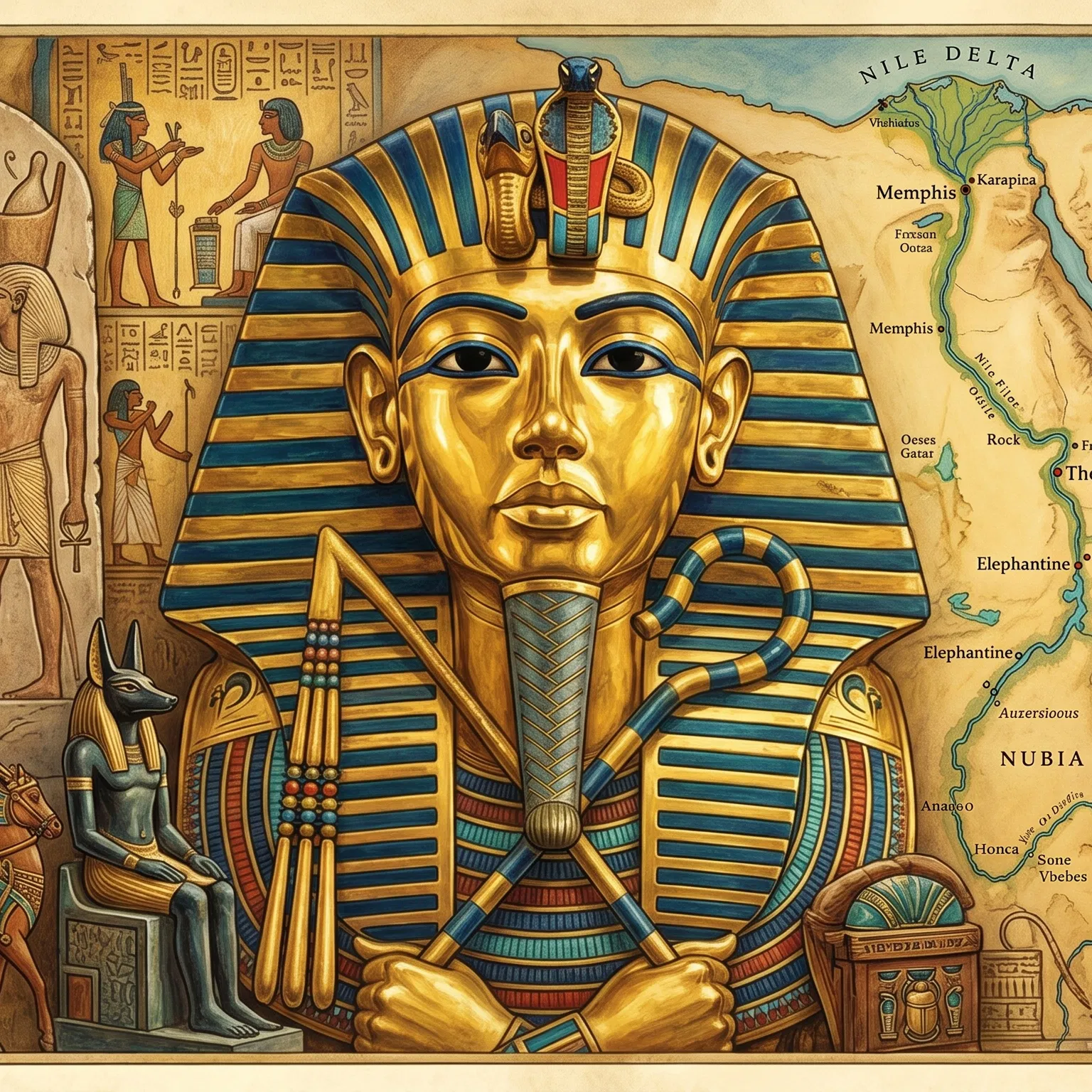Pharaoh's Mask Among Egyptian Scenes and Map