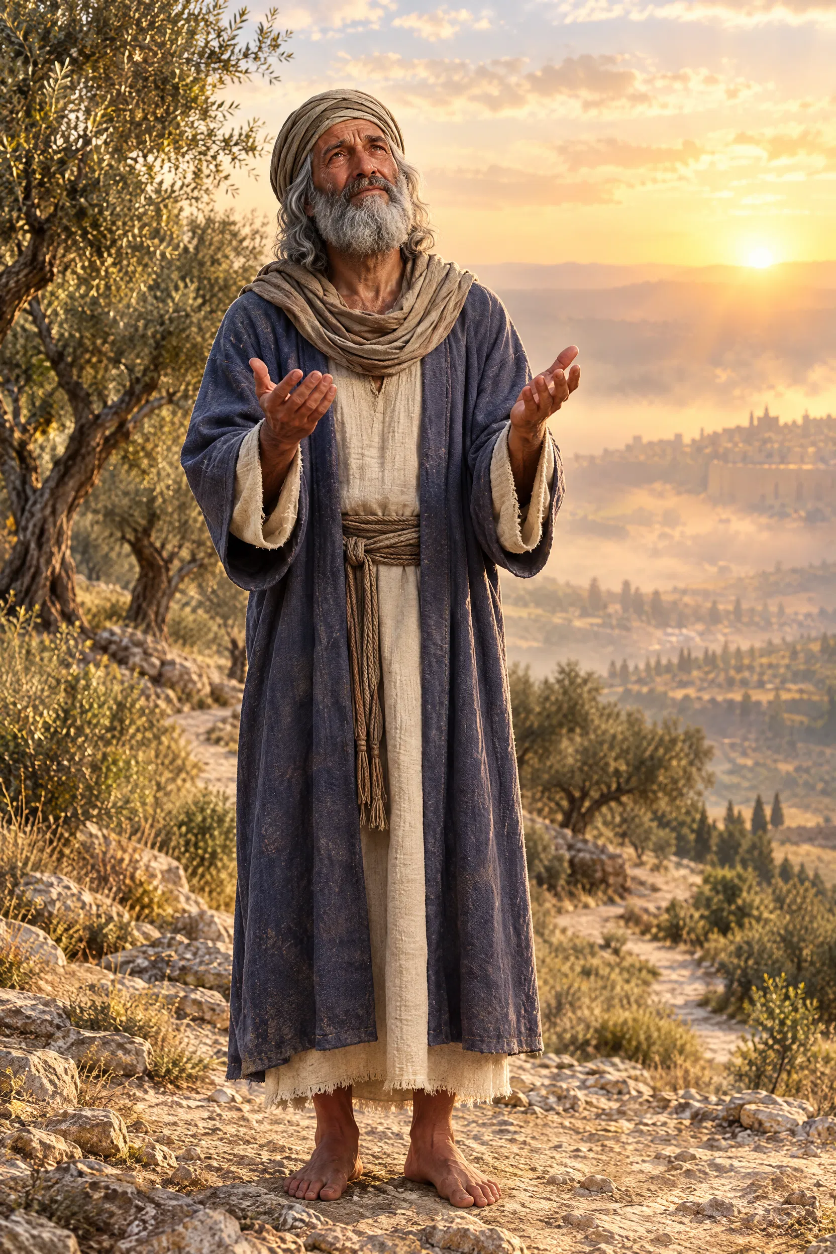 David Lifts His Hands at Sunrise Among Olive Trees