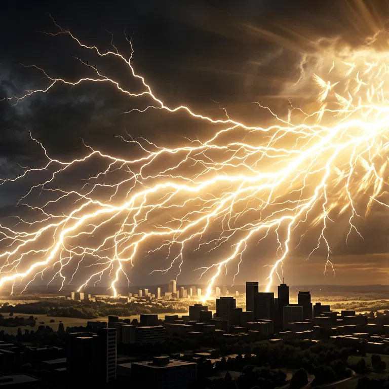 Lightning Flashing from East to West Over a City