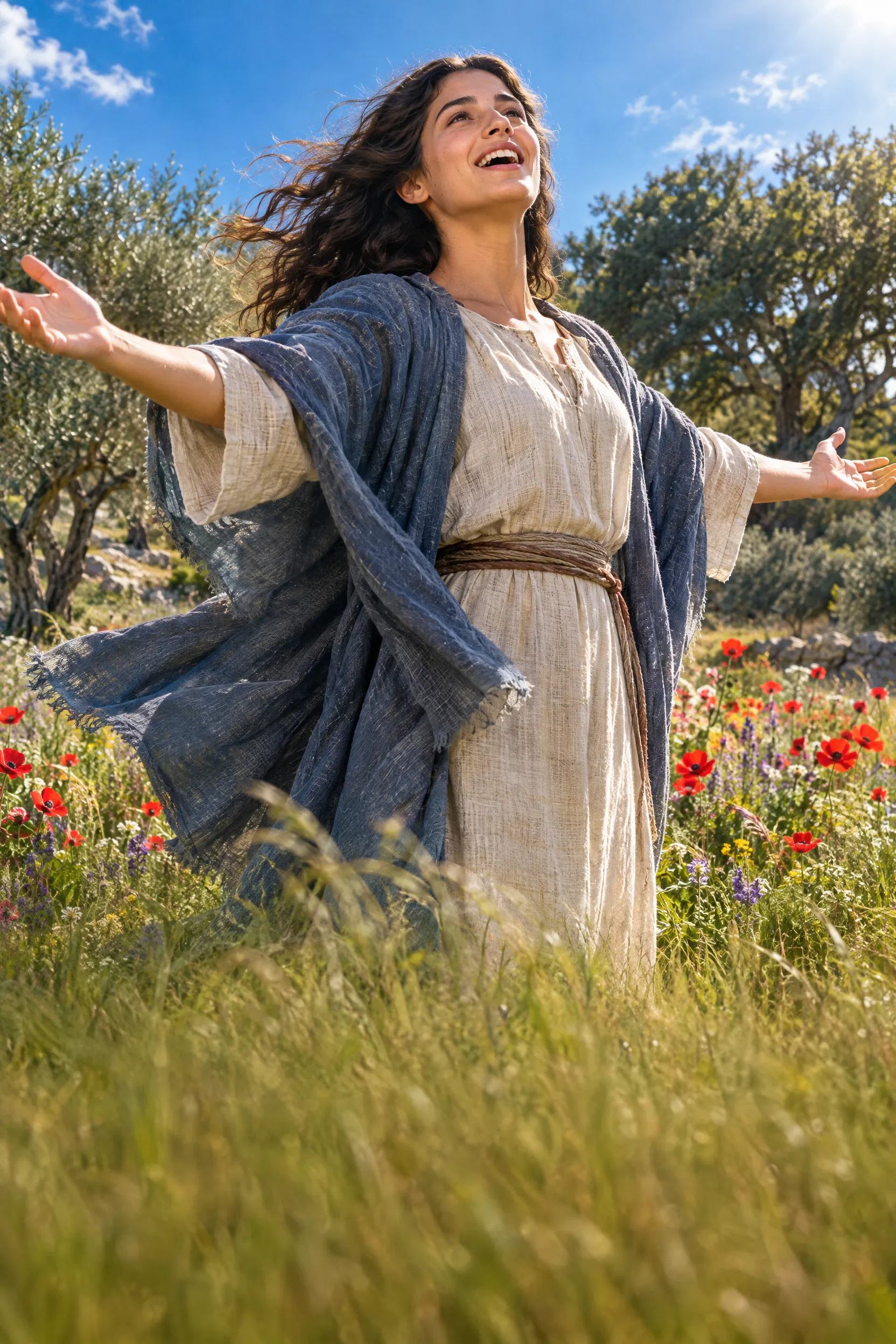 Young Woman Sings with Arms Open in a Meadow