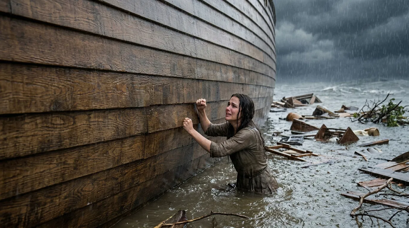 Woman Pounding on Noah's Ark During the Flood