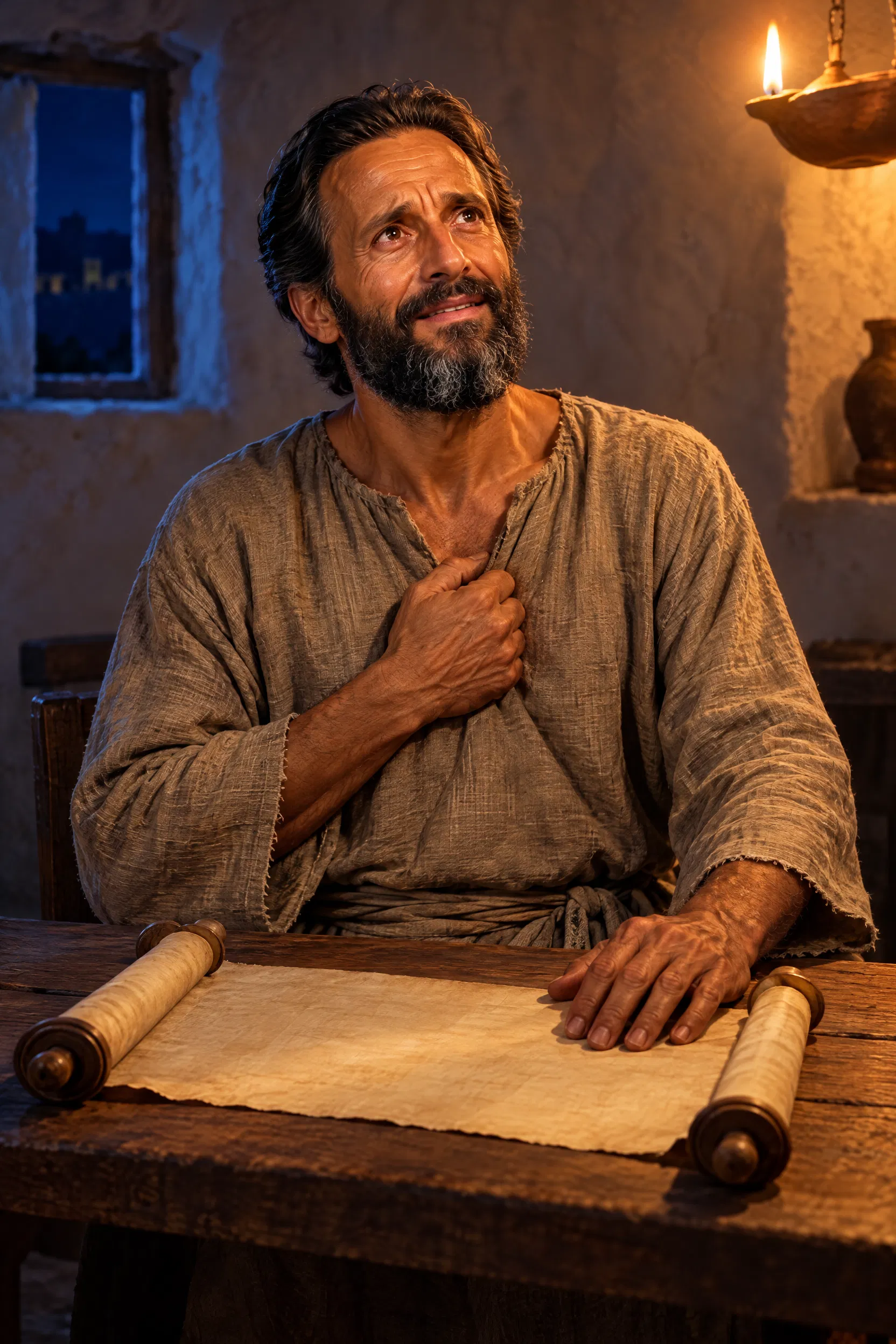Paul Cries Out Over a Scroll at His Table