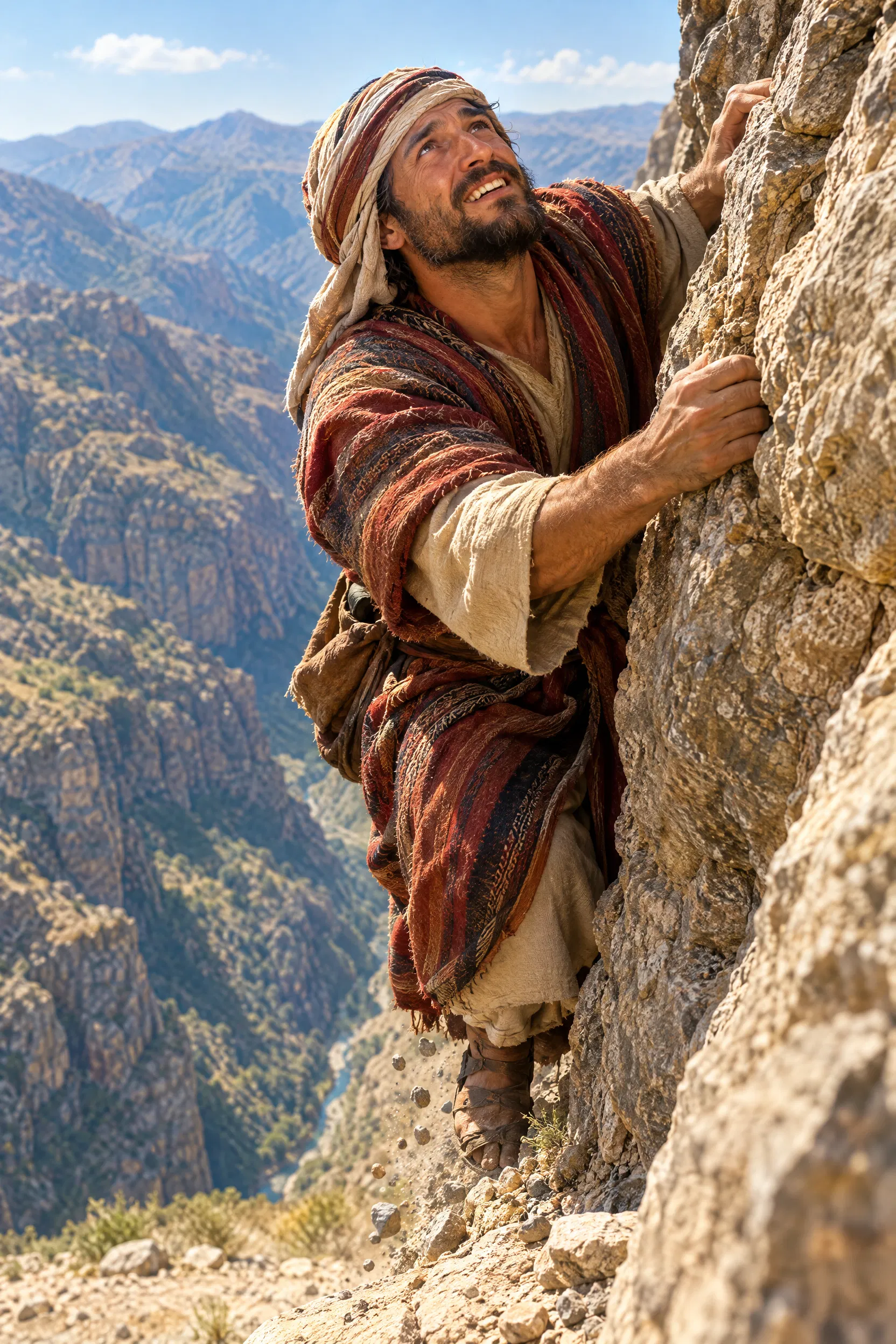Traveller Clings to a Rock Above a Gorge