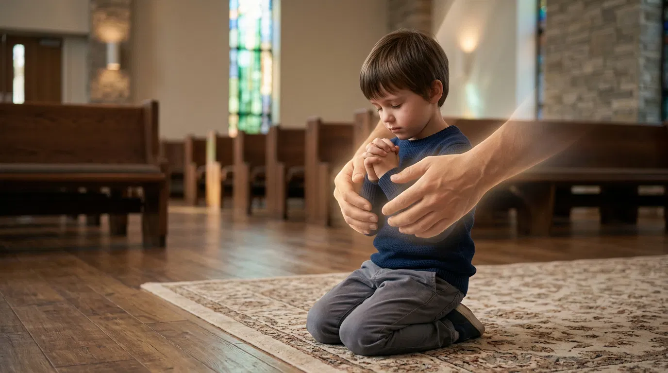 Child Kneeling in Prayer with Unseen Hands