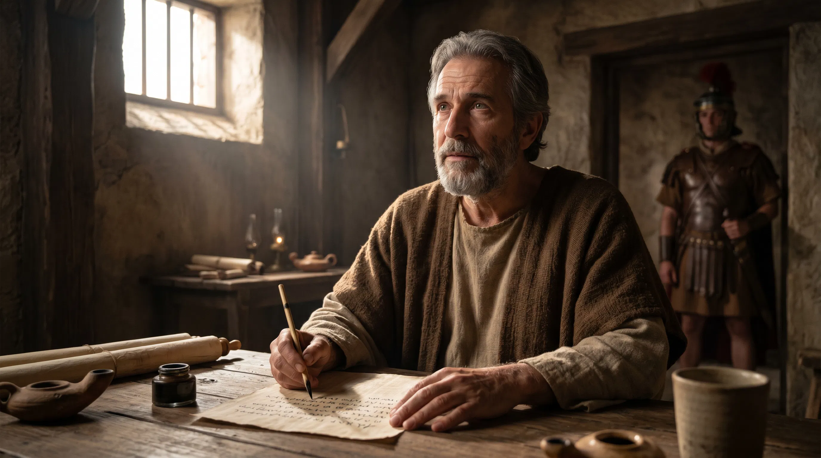 Paul Writes in Prison With a Roman Guard Behind