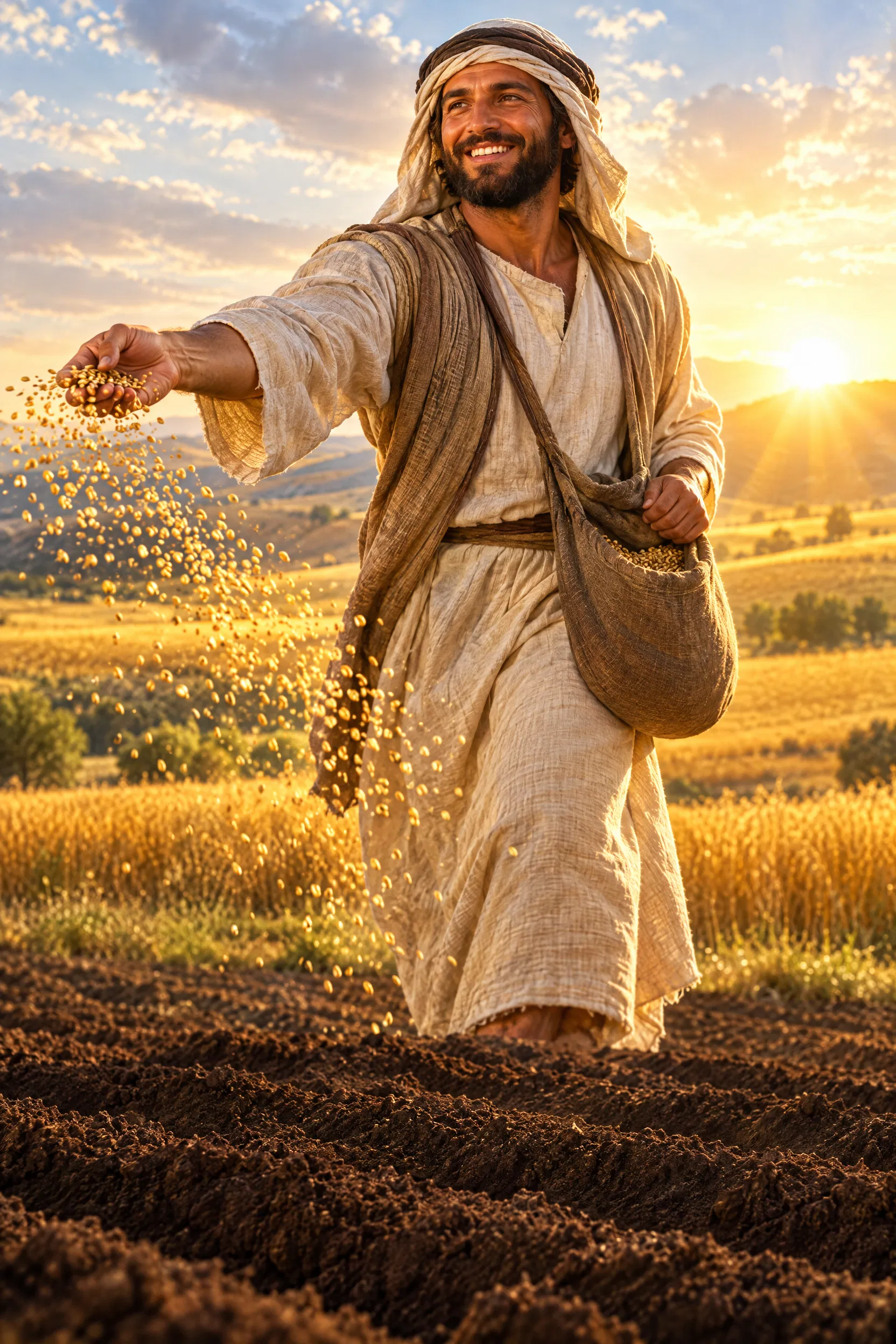 Farmer Scattering Seed at Sunrise