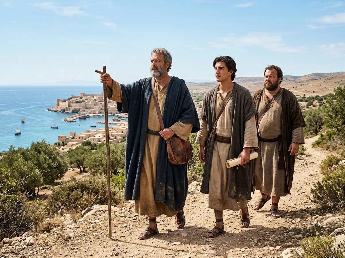 Apostle and Two Companions Above a Harbor Town