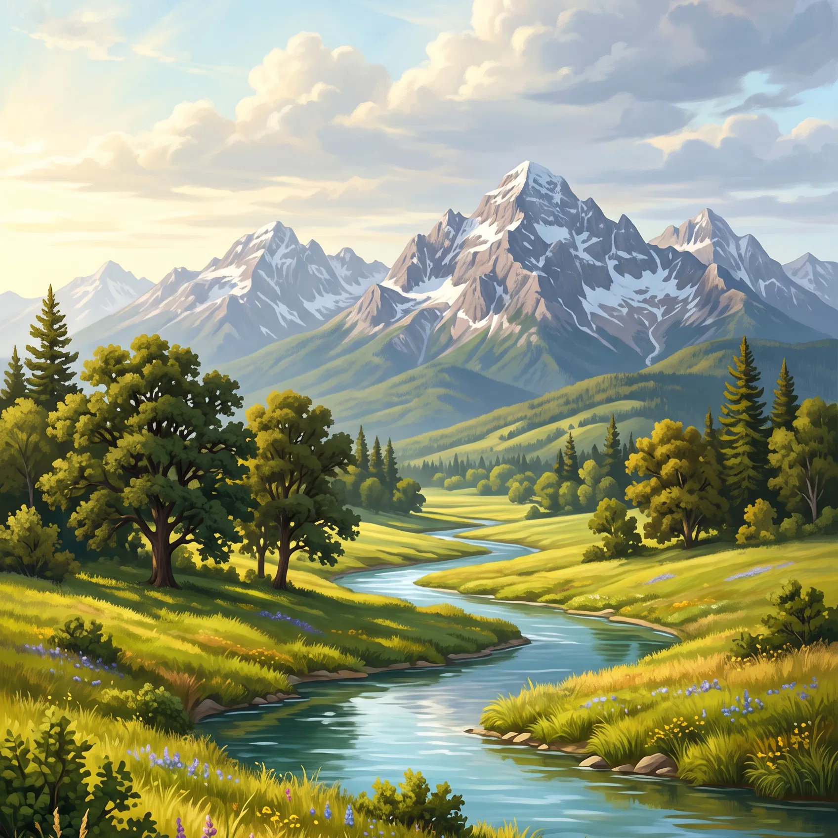 Mountain Valley and River at Sunrise