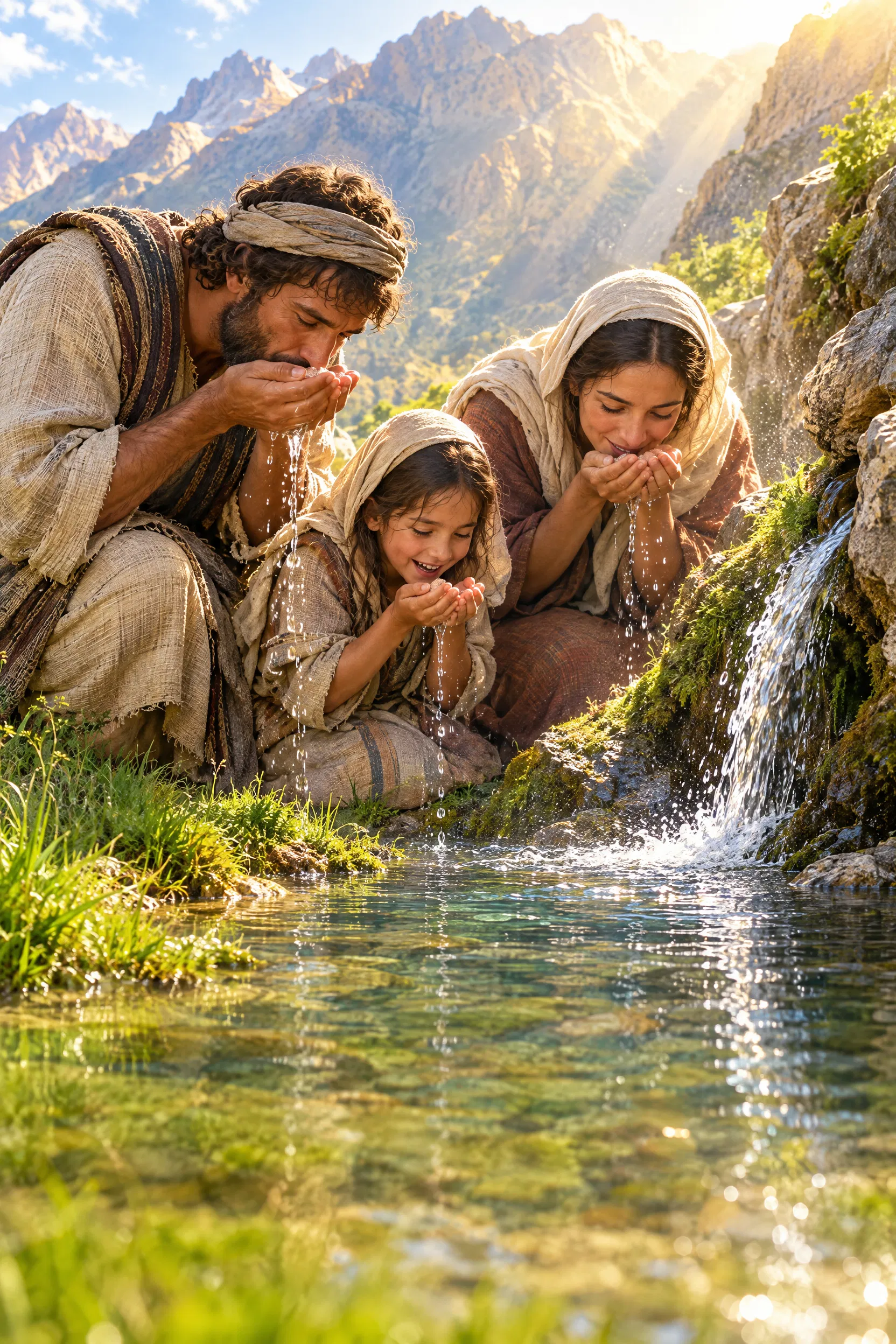 A Family Drinks from a Mountain Spring